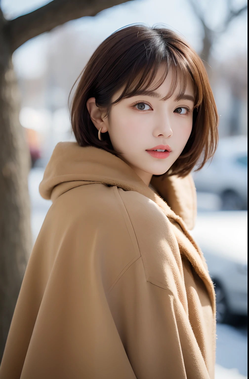 1 girl, bare_tree, brown_eyes, brown_hair, building, coat, cross_earrings, earrings, fur, fur trimmed_coat, fur_collar, fur_scarf, fur_trim, jewelry, lips, shorthair, looking_at_viewer, outdoors, snow, snow, solo, tree, upper_body, Winter, winter_clothes, detailed_eyes,Big breasts, arms close together, Chest facing camera, Big, Ears out, Golden ratio face, Golden ratio body, Best quality, Ultra high definition, Bangs