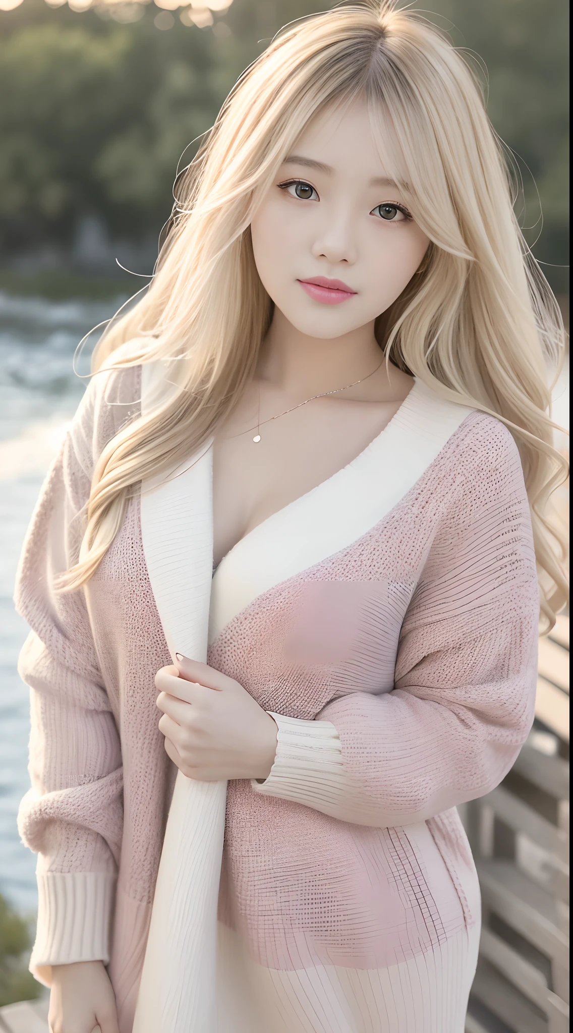 1girl walking on the river, mix4, Sweaters, pillow, lips, open_mouth, realistic, photo_\(medium\), solo, stuffed_animal, stuffed_toy, teddy_bear,(masterpiece),(fidelity:1.3),ultra - detailed,(Highly detailed skin:1.2),(best qualtiy:1.0),(超高分辨率:1.0),(ulzzang-6500:0.3),Wavy detail hair,long whitr hair,rays of sunshine,(Beautiful detailed makeup),(Sexually aroused blush,Heavy breathing:1.0 ), Flower theme flower petals scattered, (Soft light blooms:0.5),Light blonde hair
