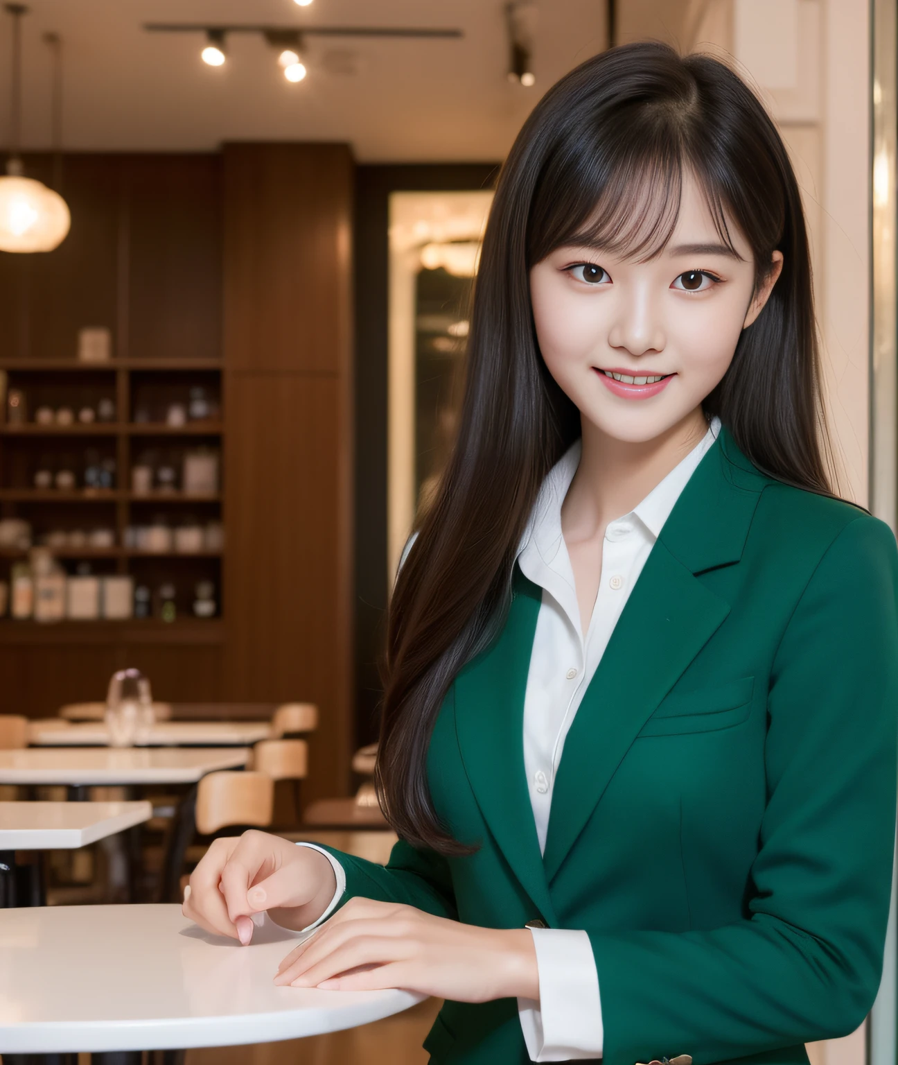 ((Best Quality, 8K, Masterpiece: 1.3)), a beauti, In addition, melon face, Friendly and cute, sweet smile, Pure desire, Slender body, (s whole body), (tilted head), ((looking at camera)), Medium Black Silky Straight Hair, Long flowing shoulders, round black big eyes, clear big eyes, moist red lips, Cafe shop background, ((full body shooting)), (Green Blazer, bows, Sock, High School Uniform: 1.2, ), (Middle breast)