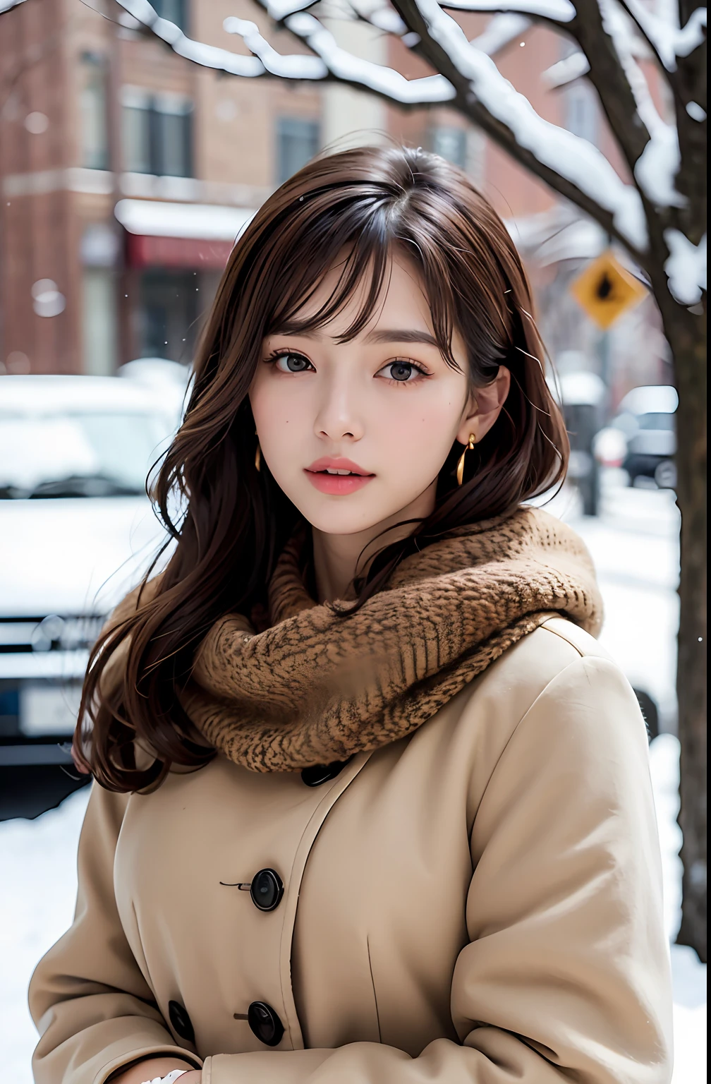 1 girl, bare_tree, brown_eyes, brown_hair, building, coat, cross_earrings, earrings, fur, fur trimmed_coat, fur_collar, fur_scarf, fur_trim, jewelry, lips, shorthair, looking_at_viewer, outdoors, snow, snow, solo, tree, upper_body, Winter, winter_clothes, detailed_eyes,Big breasts, arms close together, Chest facing camera, Big, Ears out, Golden ratio face, Golden ratio body, Best quality, Ultra high definition, Bangs