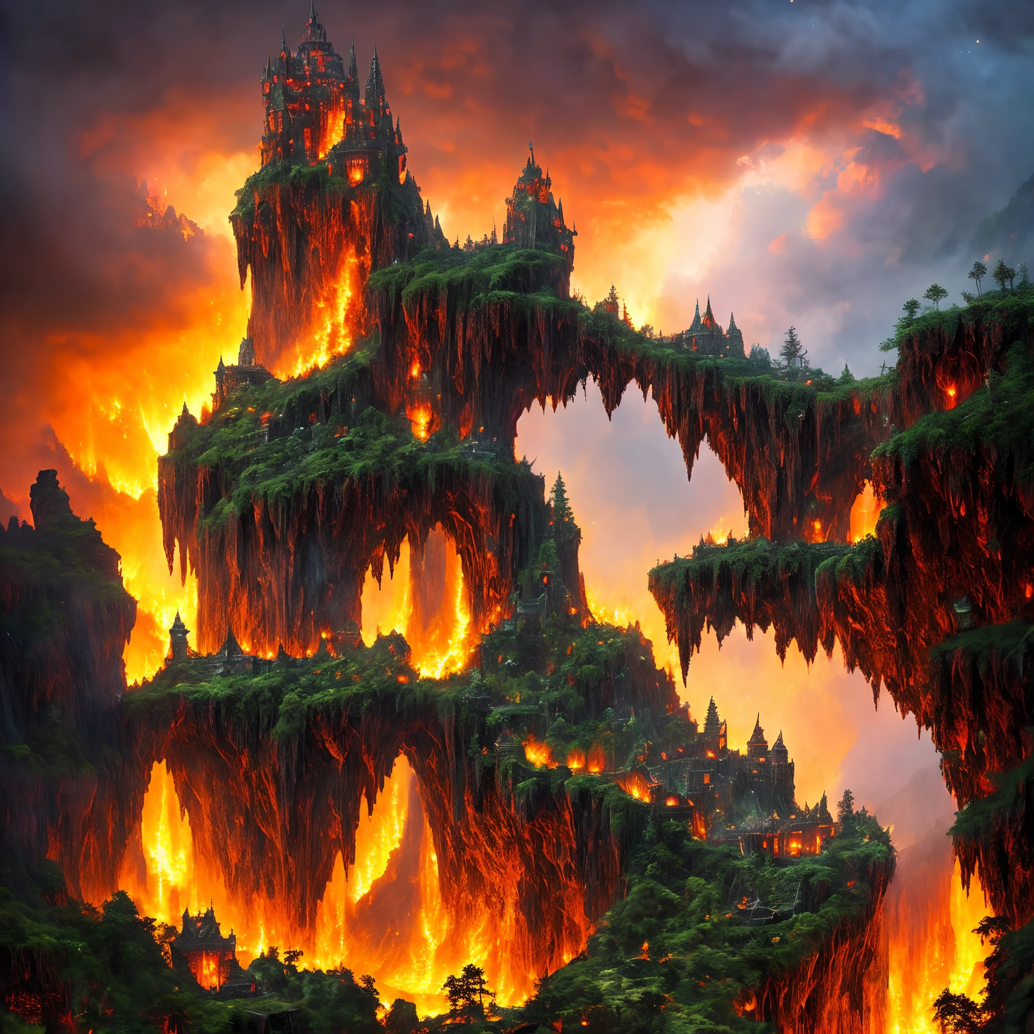 Masterpiece A beautiful giant castle with huge and detailed towers in a dark kingdom with lava everywhere and dragons with scales, red eyes and spitting fire in the air all very detailed, this kingdom must have a waterfall coming out from under it some giant trees around this waterfall, there must be a magical giant entrance next to this waterfall, intricate, masterpiece, expert, insanely detailed, 4k, compositing, framing, centered, symmetry, painted, intricate, volumeric lighting, beautiful, rich deep-color, sharp-focus, ultra-detailed masterpiece in the style of Dan Mumford and Marc Simonetti, astrophotography(ultra HD)