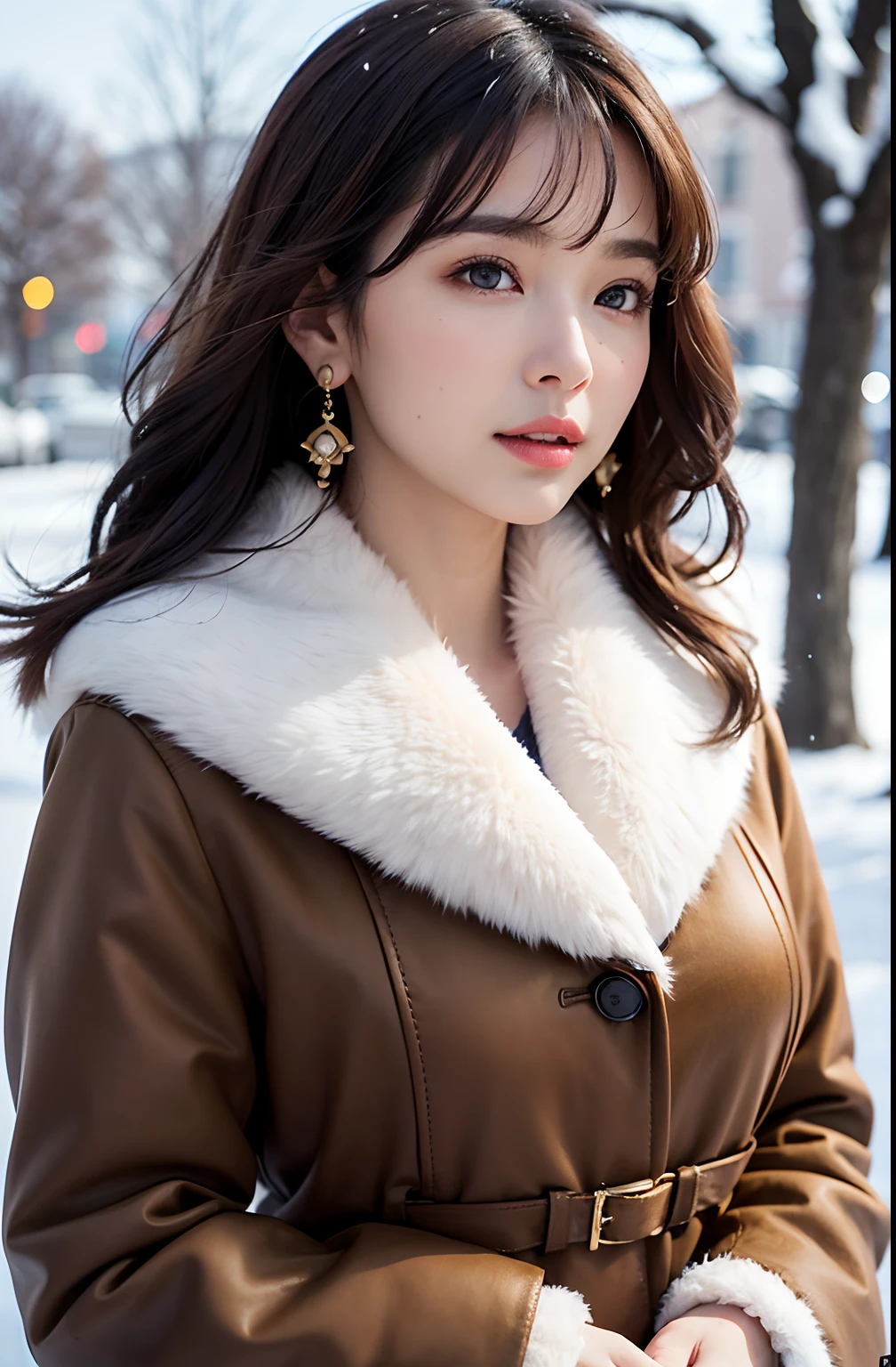 1 girl, bare_tree, brown_eyes, brown_hair, building, coat, cross_earrings, earrings, fur, fur trimmed_coat, fur_collar, fur_scarf, fur_trim, jewelry, lips, shorthair, looking_at_viewer, outdoors, snow, snow, solo, tree, upper_body, Winter, winter_clothes, detailed_eyes,Big breasts, arms close together, Chest facing camera, Big, Ears out, Golden ratio face, Golden ratio body, Best quality, Ultra high definition, Bangs