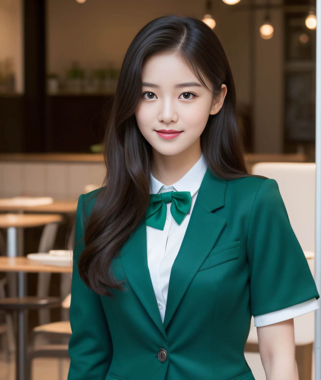 ((Best Quality, 8K, Masterpiece: 1.3)), a beauti, In addition, melon face, Friendly and cute, sweet smile, Pure desire, Slender body, (s whole body), (tilted head), ((looking at camera)), Medium Black Silky Straight Hair, Long flowing shoulders, round black big eyes, clear big eyes, moist red lips, Cafe shop background, ((full body shooting)), (Green Blazer, bows, Sock, High School Uniform: 1.2, ), (Middle breast)