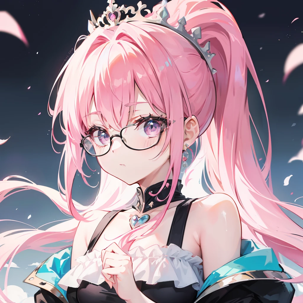 Pink hair，high ponytails，Wear black thick-rimmed glasses，She is a queen-like royal sister，But still lovely，Wear a princess dress that matches pink and white