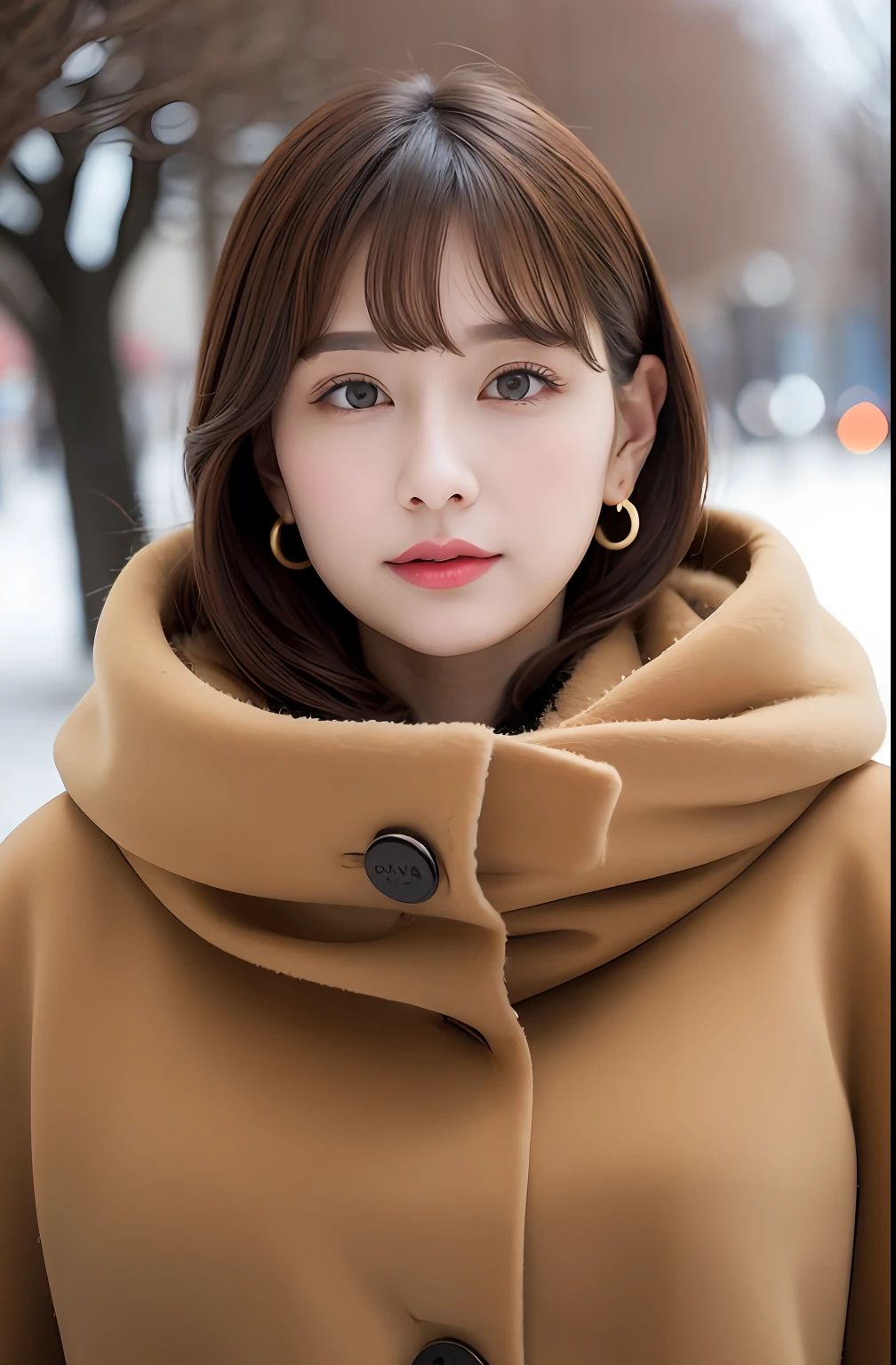 1 girl, bare_tree, brown_eyes, brown_hair, building, coat, cross_earrings, earrings, fur, fur trimmed_coat, fur_collar, fur_scarf, fur_trim, jewelry, lips, shorthair, looking_at_viewer, outdoors, snow, snow, solo, tree, upper_body, Winter, winter_clothes, detailed_eyes,Big breasts, arms close together, Chest facing camera, Big, Ears out, Golden ratio face, Golden ratio body, Best quality, Ultra high definition, Bangs