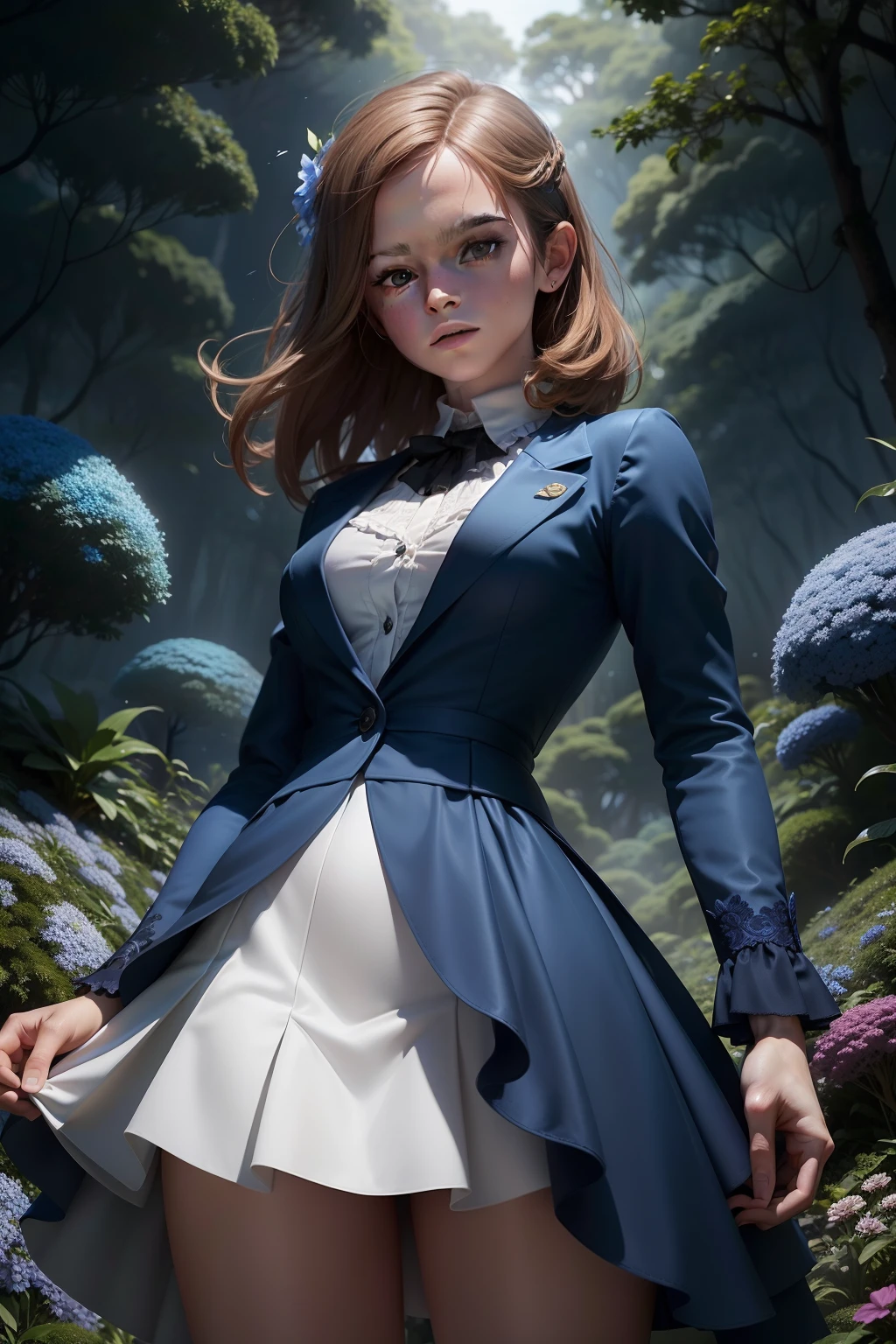 Adolescente Emma Watson como uma garota de fada sexy sentada em uma cerca. traje azul intrincado apertado. corpo esguio. paisagem de fantasia. Noite. floresta de fundo. asas brilhantes.