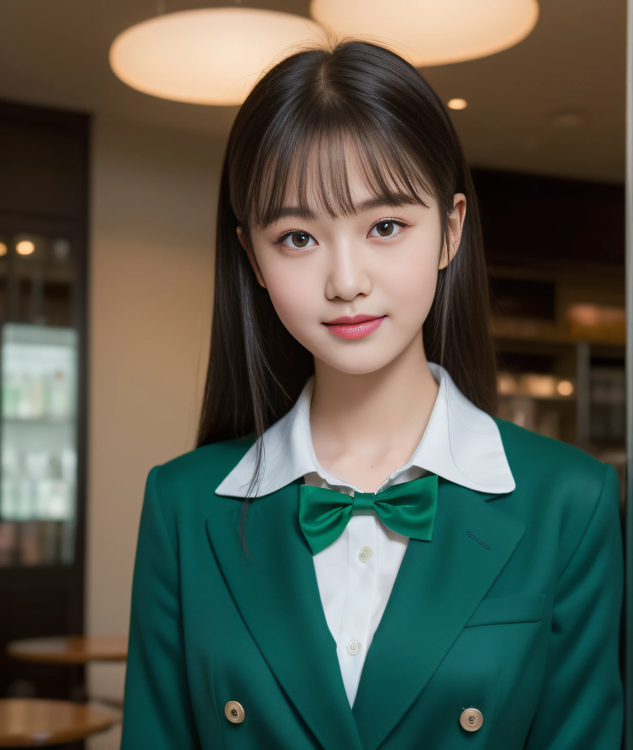 ((Best Quality, 8K, Masterpiece: 1.3)), a beauti, In addition, melon face, Friendly and cute, sweet smile, Pure desire, Slender body, (s whole body), (tilted head), ((looking at camera)), Medium Black Silky Straight Hair, Long flowing shoulders, round black big eyes, clear big eyes, moist red lips, Cafe shop background, ((full body shooting)), (Green Blazer, bows, Sock, High School Uniform: 1.2, ), (Middle breast)