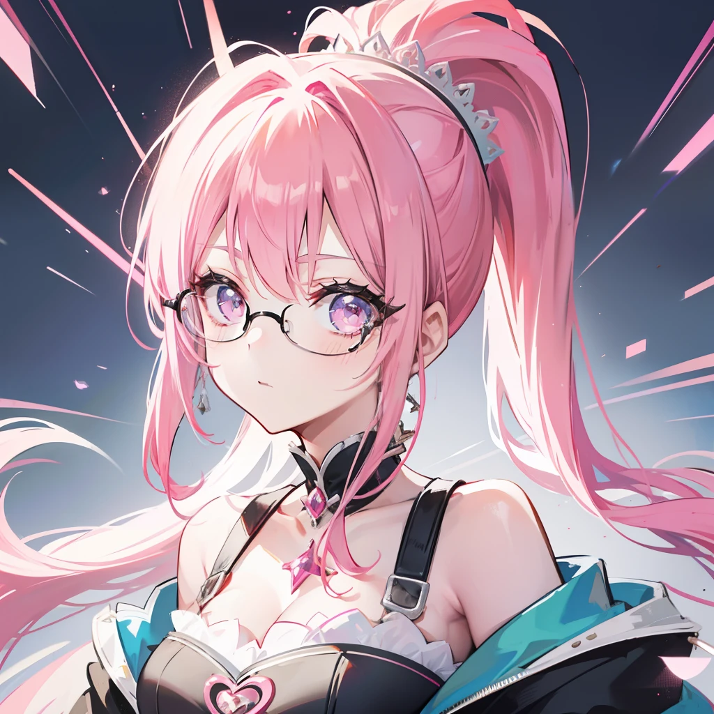Pink hair，high ponytails，Wear black thick-rimmed glasses，She is a queen-like royal sister，But still lovely，Wear a princess dress that matches pink and white
