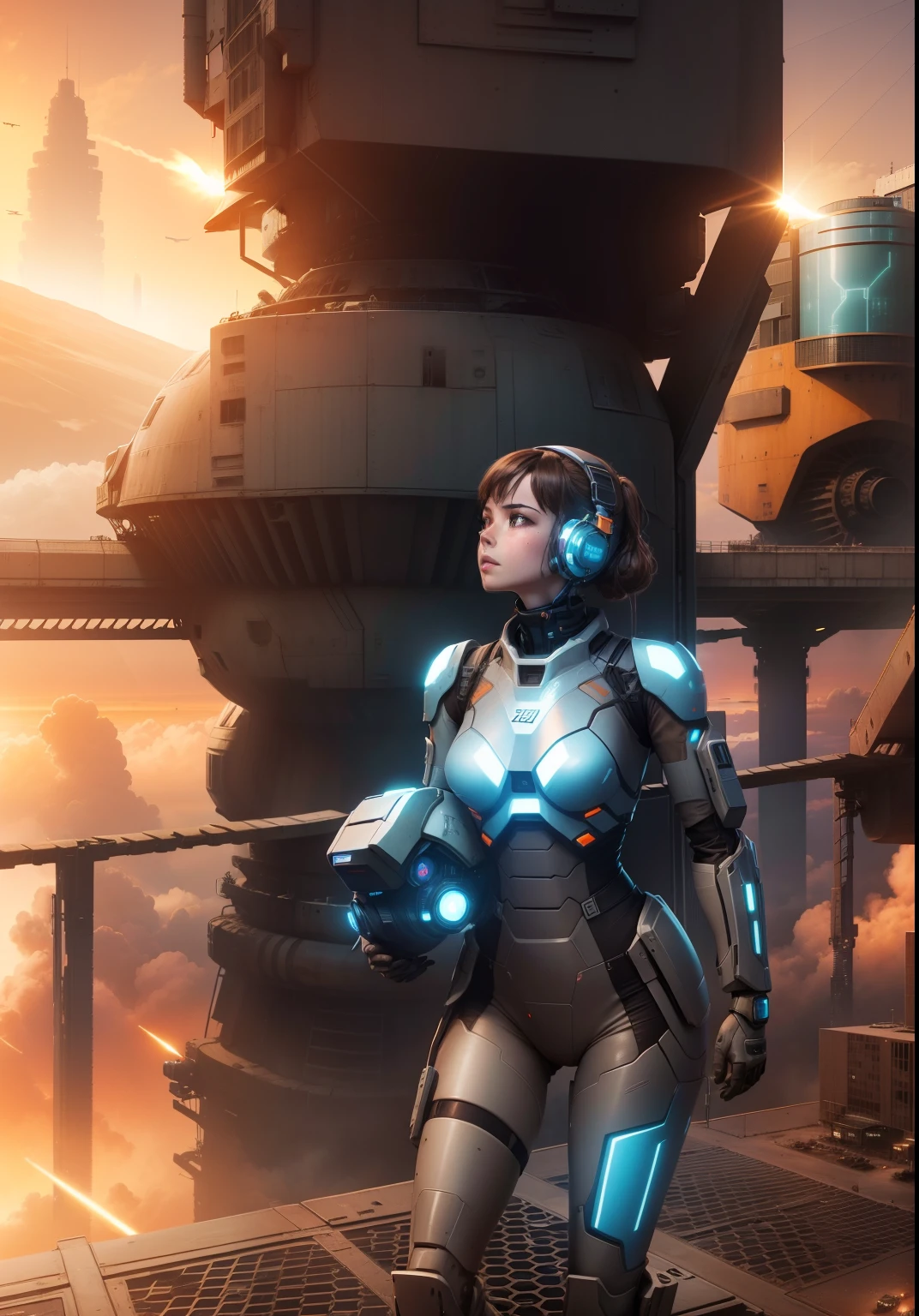 a full body extreme long distance shot 20000 meters away from cyber robot military woman with dark brown hair with light brown to sky blue highlights, camera looking up at her face from ground level, of a cyber robot military woman standing on the flight deck of a distant future fallen dusty gritty dystopian utopian city, wearing war worn dirty white gray and orange fighting suit, soring skyscrapers vast distances few people and vehicles scattered around pink orange evening sunset sky view 24k resolution hyperdetailed photorealistic