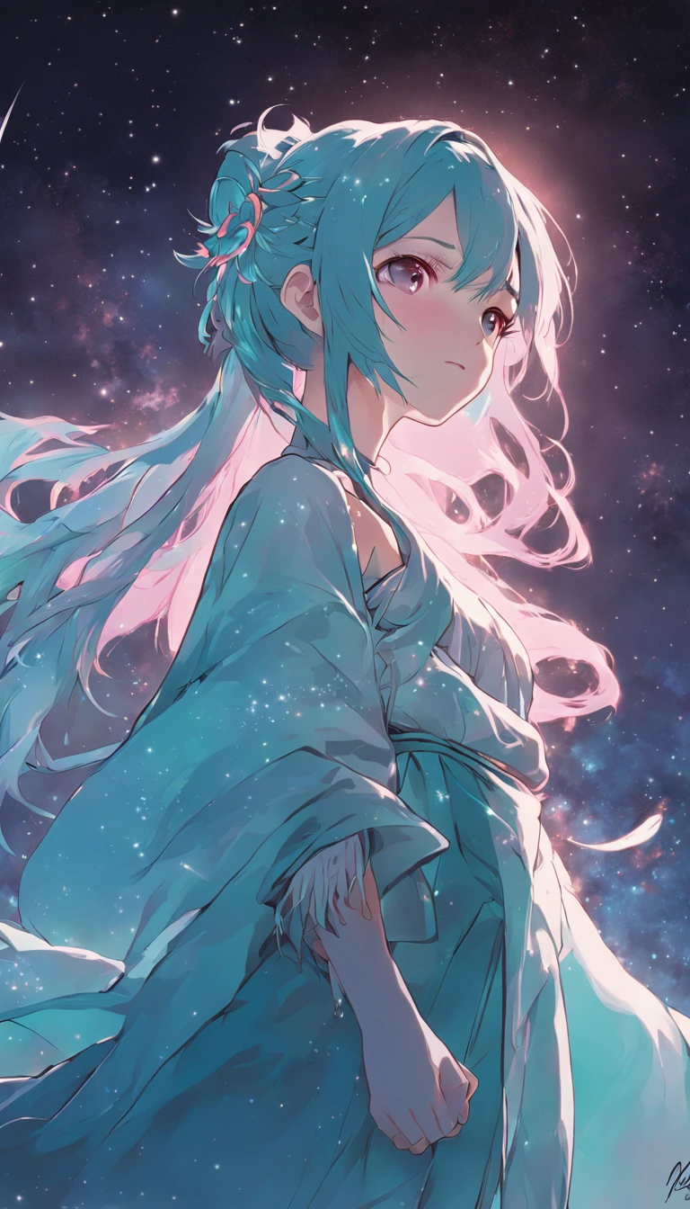 (best qualtiy,tmasterpiece), Beautiful teenage girl, Beautiful goddess, ((period costume, Hanfu, One shoulder)), Beautiful hair accessories, the night, starrysky, cold light, (in pink, cyan colors, white colors), ((from below)), ((full body)), ((realistic))