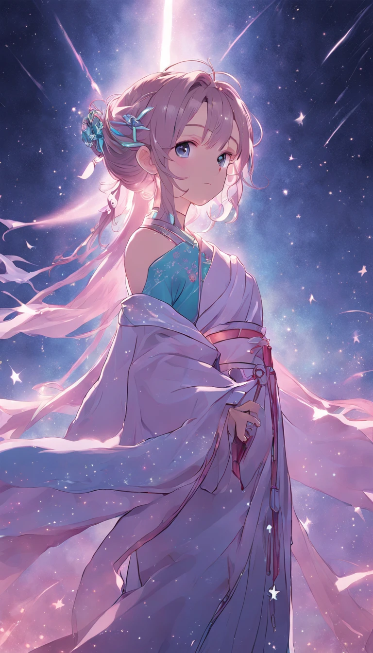 (best qualtiy,tmasterpiece), Beautiful teenage girl, Beautiful goddess, ((period costume, Hanfu, One shoulder)), Beautiful hair accessories, the night, starrysky, cold light, (in pink, cyan colors, white colors), ((from below)), ((full body)), ((realistic))