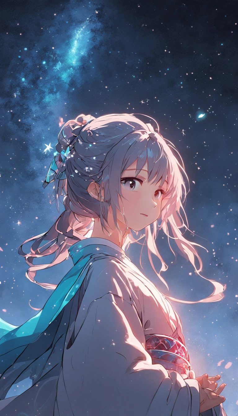 (best qualtiy，tmasterpiece), Beautiful teenage girl, Beautiful goddess, ((period costume, Hanfu, One shoulder)), Beautiful hair accessories, the night, starrysky, cold light, (in pink, cyan colors, white colors), ((from below)), ((full body)), ((realistic))