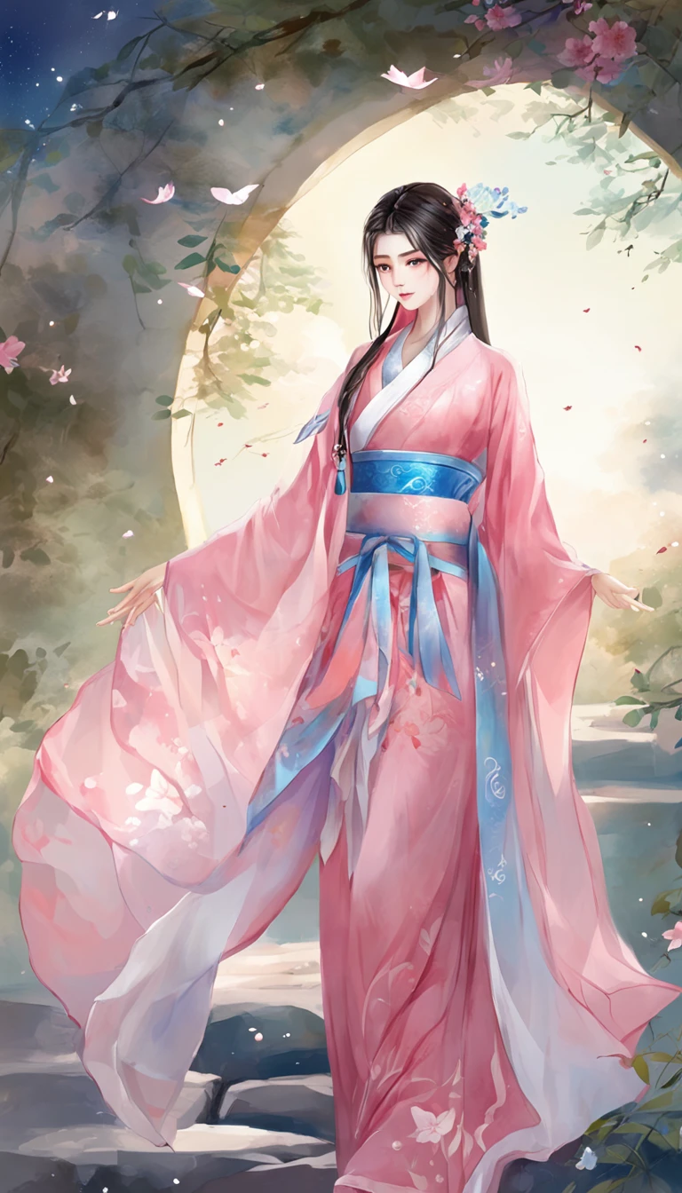 (best qualtiy,tmasterpiece), Beautiful age girl, Beautiful goddess, ((period costume, Hanfu, One shoulder)), Beautiful hair accessories, the night, starrysky, cold light, (in pink, cyan colors, white colors), ((from below)), ((full body)), ((realistic))
