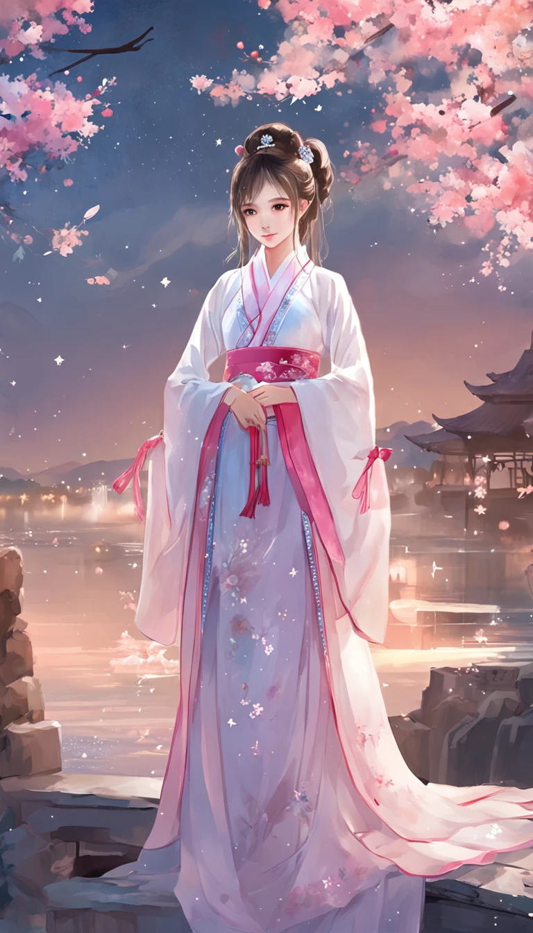 (best qualtiy,tmasterpiece), Beautiful teenage girl, Beautiful goddess, ((period costume, Hanfu, One shoulder)), Beautiful hair accessories, the night, starrysky, cold light, (in pink, cyan colors, white colors), ((from below)), ((full body)), ((realistic))