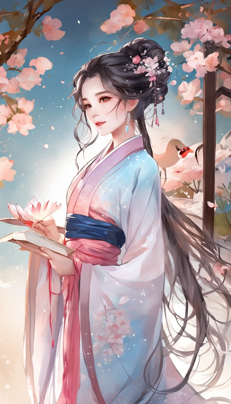 (best qualtiy,tmasterpiece), Beautiful teenage girl, Beautiful goddess, ((period costume, Hanfu, One shoulder)), Beautiful hair accessories, the night, starrysky, cold light, (in pink, cyan colors, white colors), ((from below)), ((full body)), ((realistic))