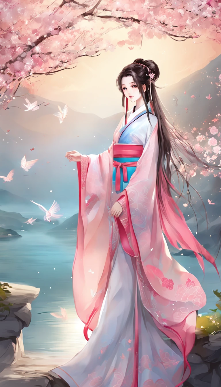 (best qualtiy，tmasterpiece), Beautiful teenage girl, Beautiful goddess, ((period costume, Hanfu, One shoulder)), Beautiful hair accessories, the night, starrysky, cold light, (in pink, cyan colors, white colors), ((from below)), ((full body)), ((realistic))