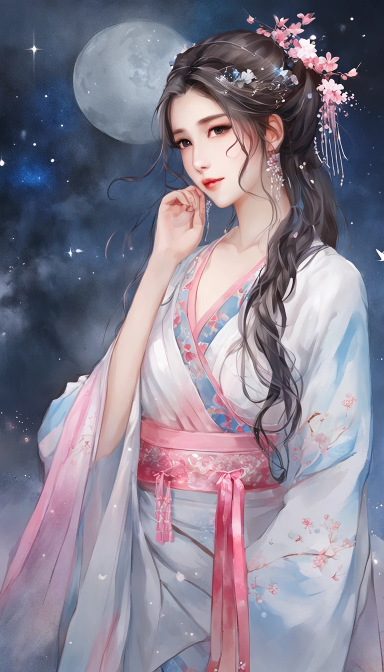 (best qualtiy，tmasterpiece), Beautiful teenage girl, Beautiful goddess, ((period costume, Hanfu, One shoulder)), Beautiful hair accessories, the night, starrysky, cold light, (in pink, cyan colors, white colors), ((from below)), ((full body)), ((realistic))
