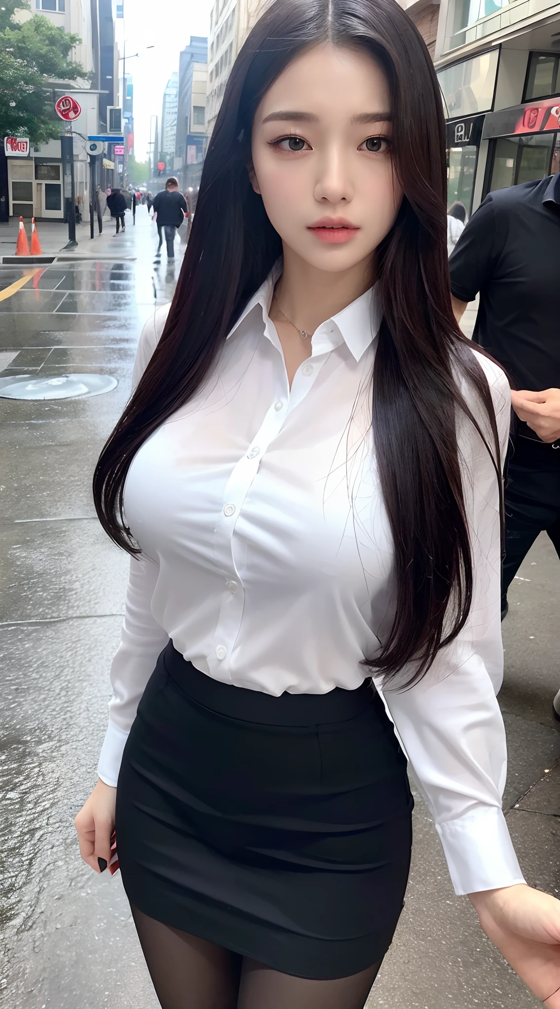 ((Best quality, 8k, Masterpiece :1.3)), Sharp focus :1.2, A pretty woman with perfect figure :1.4, Slender abs :1.2, ((Layered long hair, Big breasts :1.2)), (White shirt :1.3), office wear, mini very short black skirt (Sultry) ((Aroused: 1.5)), night: 1.5, (Black pantyhose), Open shirt show , Rain :1.3, Street:1.3, Highly detailed face and skin texture, Detailed eyes, Double eyelid