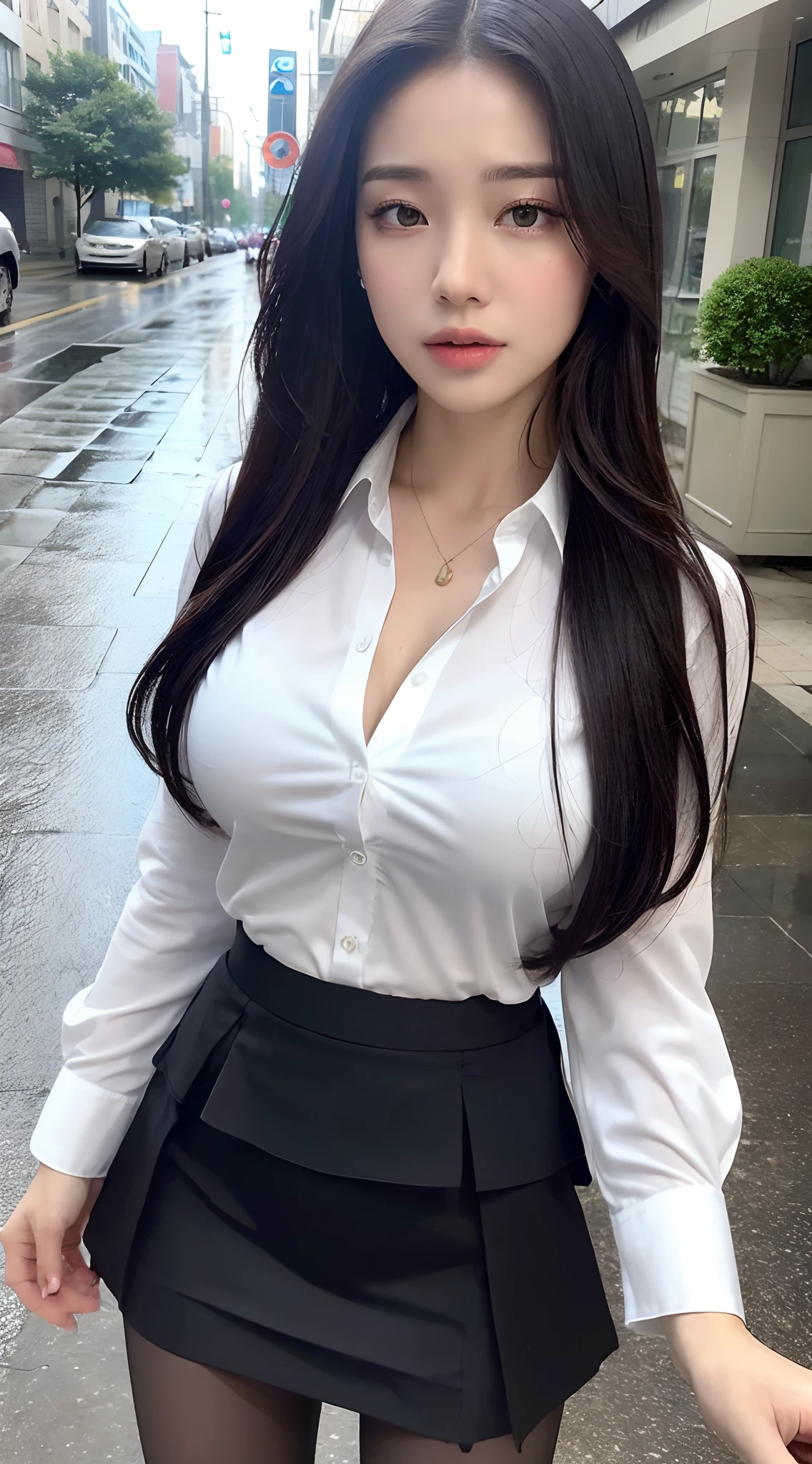 ((Best quality, 8k, Masterpiece :1.3)), Sharp focus :1.2, A pretty woman with perfect figure :1.4, Slender abs :1.2, ((Layered long hair, Big breasts :1.2)), (White shirt :1.3), office wear, mini very short black skirt (Sultry) ((Aroused: 1.5)), night: 1.5, (Black pantyhose), Open shirt show , Rain :1.3, Street:1.3, Highly detailed face and skin texture, Detailed eyes, Double eyelid