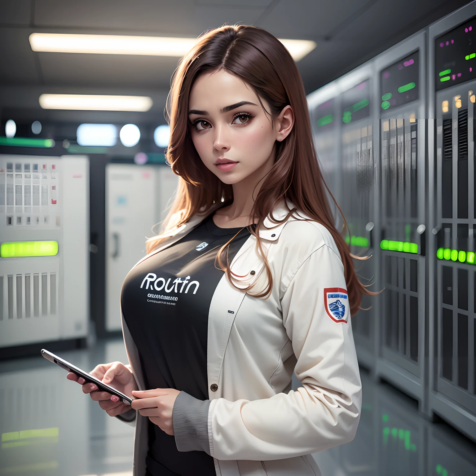 create a Brazilian woman standing in a room,holding tablet in hands,mulher altamente realista,muito detalhada,roupa de escritorio,roupas brancas,detailed and ultra-realistic hands,rosto realista,rosto ultra-detalhado,de cabelos pretos, Standing in a server room, data center realista, ritmo em sala de servidor, em data center detalhado, modern, drop shadow.