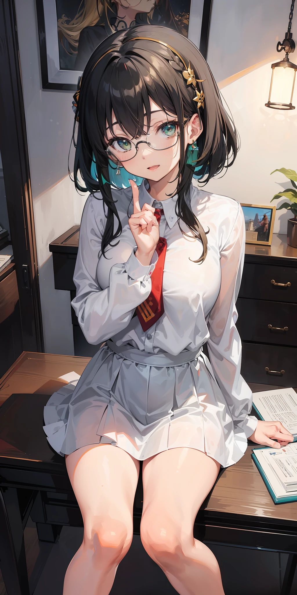 ((best quality)), ((master piece)), (Circumstantial), anime style, 1girl best quality, portrait, ultra detailed, gorgeous face, perfect anatomy, tan skin, black, giant hair, perfect hair, bangs, (hair between the eyes), (hair accessories), perfect light green eyes, eye details, happy expression, lips, open mouth, smiling, teacher, short long sleeve shirt, glasses, arms, Hands, five fingers in hand, thick legs, big thigh, possession, background scenery, studio, white wall, lighting, lamp, camera equipment, objects in the background, details in the environment, looking at the viewer