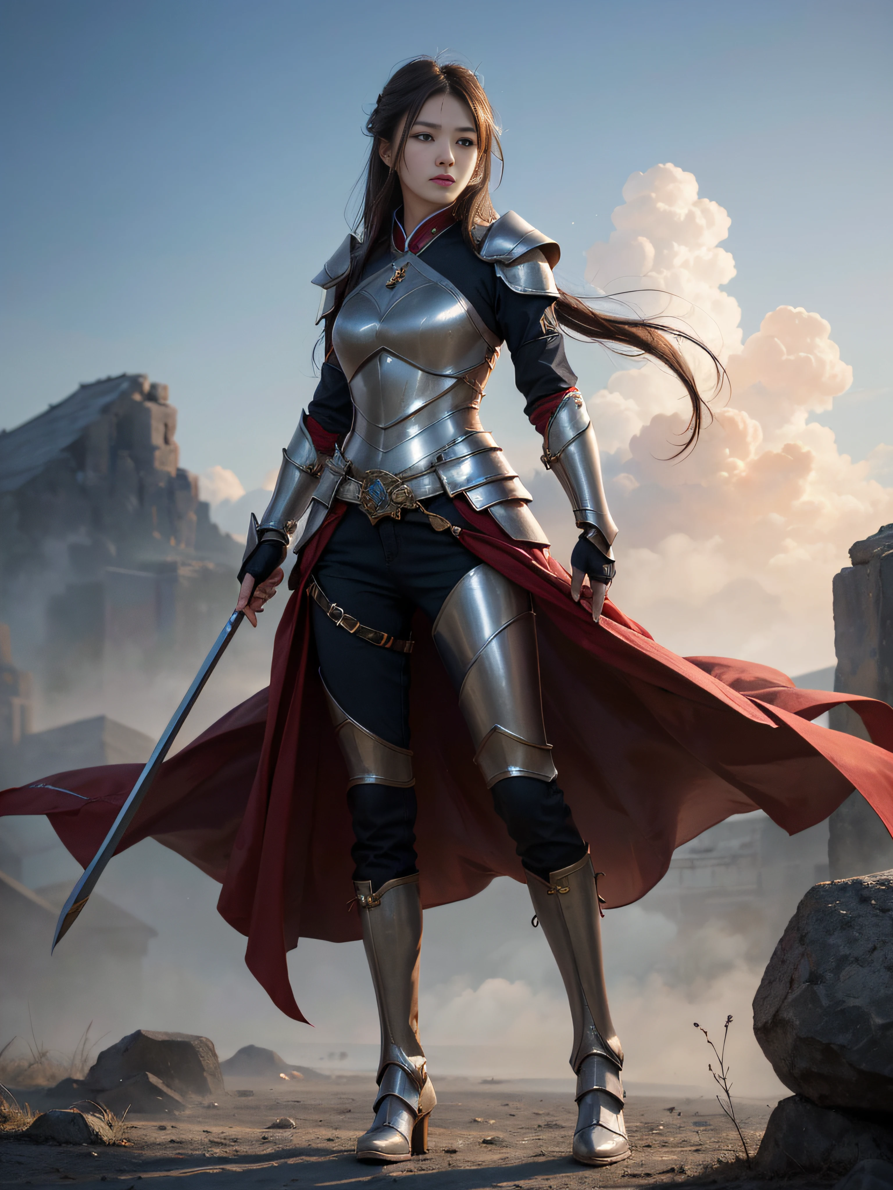 tmasterpiece,super high image quality,Absolutely beautiful,Oriental women,Eastern warriors,Mature atmosphere,Fine eyes and facial expressions,Oriental armor attire,The whole body is wrapped in armor full of decorations,All in bright colors,Tall and majestic like a general,Mighty armour, pants and boots,It shows the majesty of the armor,Arrogant temperament,Plump and beautiful body,Showing a mature temperament,There is a calmness revealed in the majesty,The background is a scene of war,She stood there,Standing tall,Heroic,The movements are sharp and powerful。