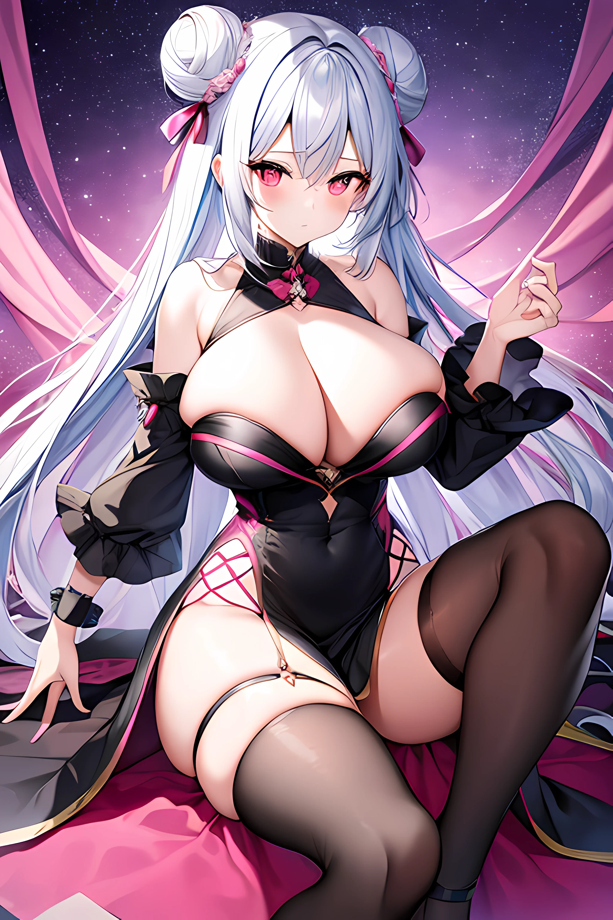 best qualityer,tmasterpiece,Ultimate resolution,downy,Extremely colorful,Colorful,Lady,a matural female,An extremely normal and beautifully depicted face,Black dress long dress,Gorgeous dress,huge tit,(Ultra-short pink and white hair,A bun),(black lence stockings,Stiletto sandals),soles of feet,Pink starry sky,Normal posture,Normal posture