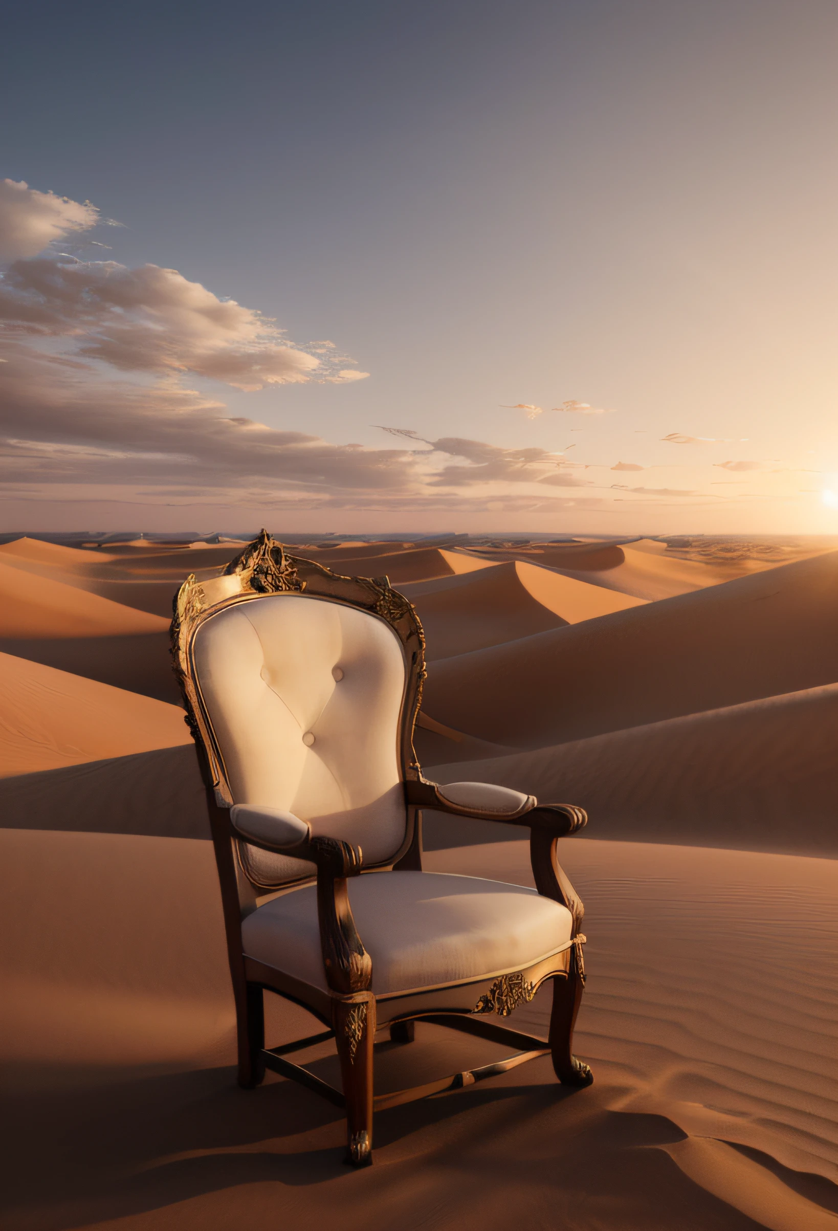 Creates a 3D image: a Louis XV style cactus. Wooden throne. In the center, from a desert with dunes it emerges dramatically from a dune in which it is dissolving. Sunset with a spectacular sky The chair occupies a large part of the composition, blending artistically with the sand dune. Soft lighting brings out the details. The scene evokes a sense of introspection. 8K high quality