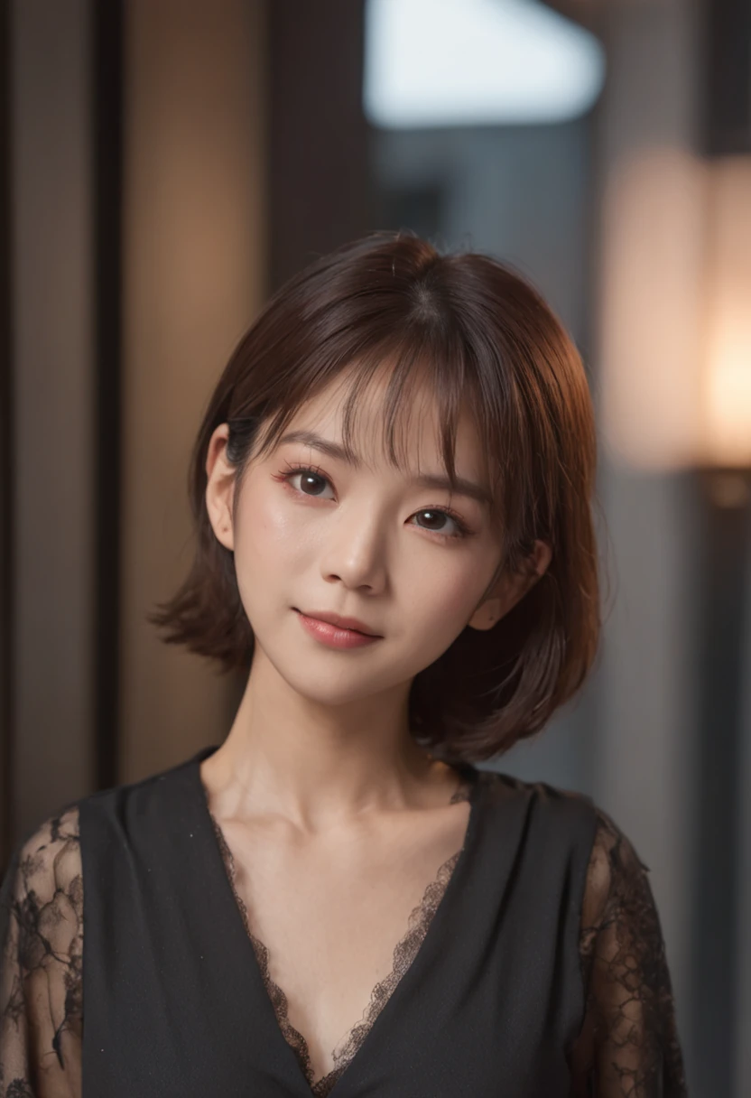 abdominals、nighttime scene、Eye Catch、A sexy、The shirt、High-rise condominiums、One room、japanes、Beautiful woman、Smiling、(top-quality、8K、32K、masterpiece、nffsw:1.2)、Photo of a cute Japanese woman、very short bobbed hair、、sface focus、a necklace、From above、looking at the viewers
