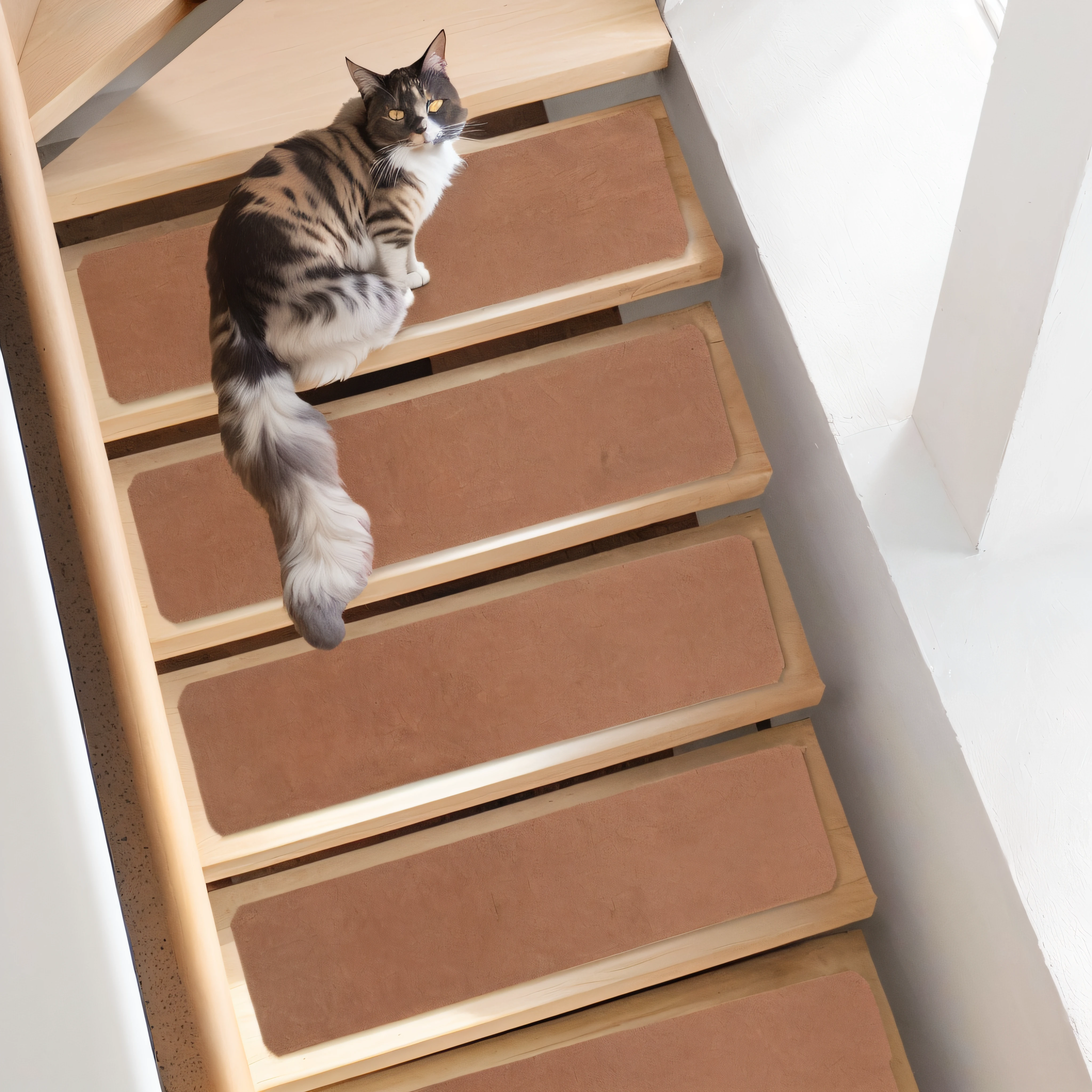 there is a cat that is sitting on the stairs of a house, Wooden stairs, coming down the stairs, stairways, a wooden log, 1 staircase, Catwalk, In the spotlight, pets, 90mm, 9 0 mm, viewed from bird's-eye, stairways, set photo, high res photograph, manual, goats, caesar, stairways, rich details, Copper