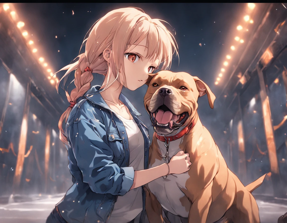 (1girl:1.3), 1girl jeans, white shirt and denim jacket holding a very large and muscular pit bull dog by the chain,(masterpiece: 1.5),(photorealistic: 1.1), (bokeh), (best quality), (detailed skin texture pores hair: 1.1), (intricate), (8k), (HDR), (wallpaper), (cinematic lighting), (sharp focus )
