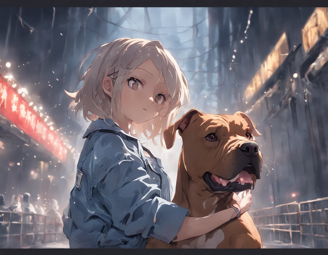 (1girl:1.3), 1girl jeans, white shirt and denim jacket holding a very large and muscular pit bull dog by the chain,(masterpiece: 1.5),(photorealistic: 1.1), (bokeh), (best quality), (detailed skin texture pores hair: 1.1), (intricate), (8k), (HDR), (wallpaper), (cinematic lighting), (sharp focus )