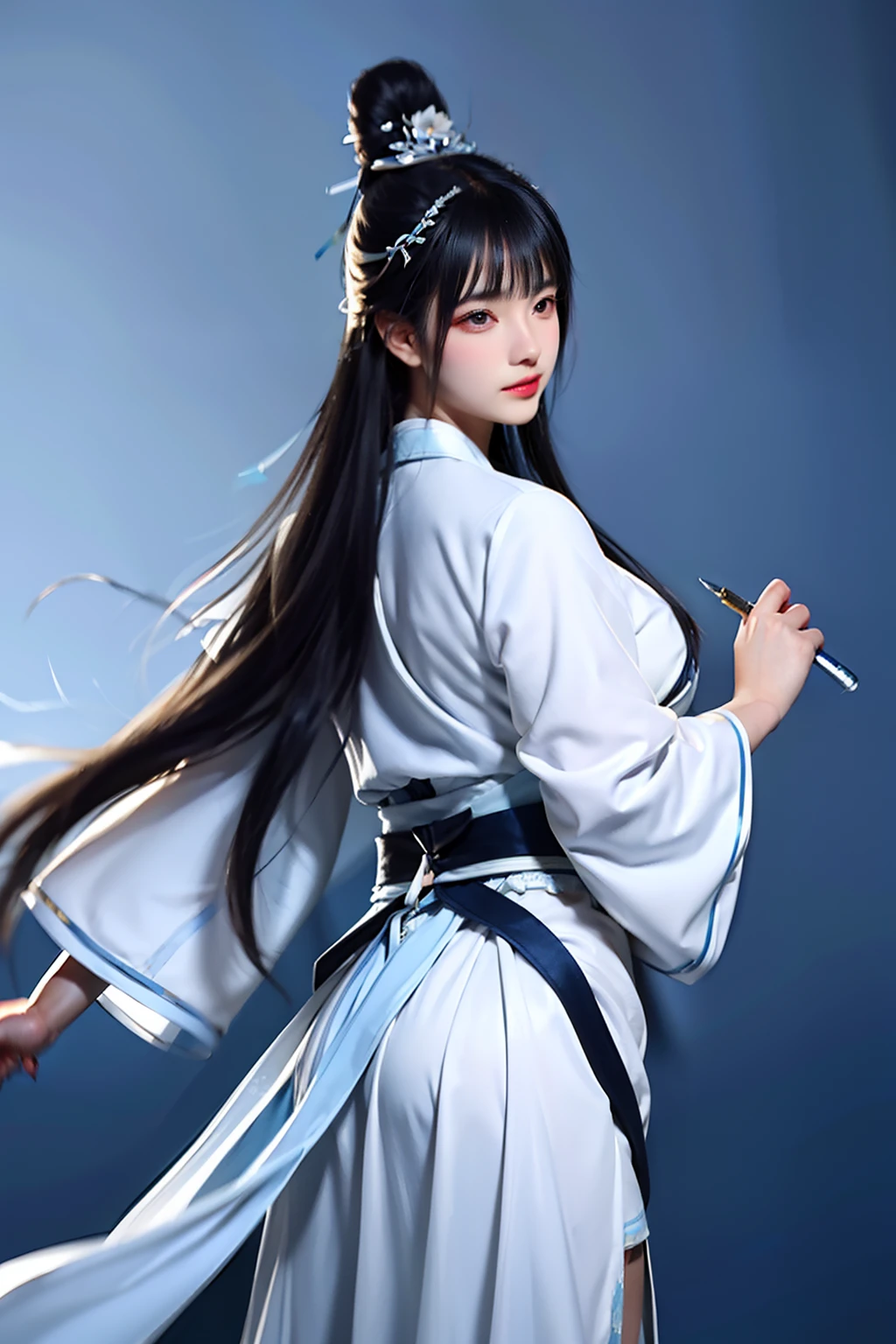( ink and watercolor painting), back: A girl, (Blue and white Hanfu), White background, ( Bokeh, Out of focus, Soft lighting, Movie lighting, God Ray, hyper HD)