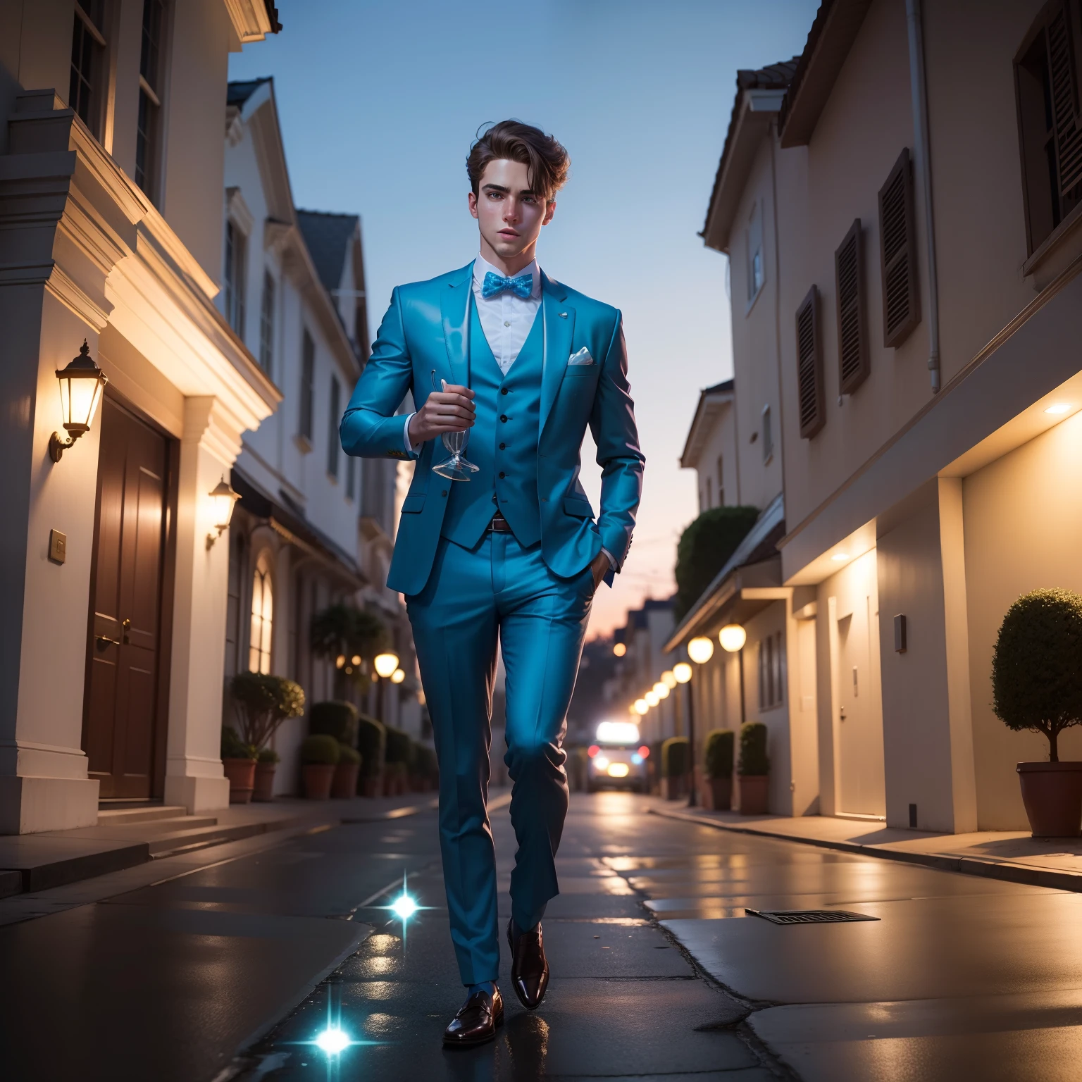 Young brown-haired American wearing a light blue suit with sparkles letting a shoe fall from his feet. Fundo jovem homem no terno escuro correndo atras dele, front of mansion at night.