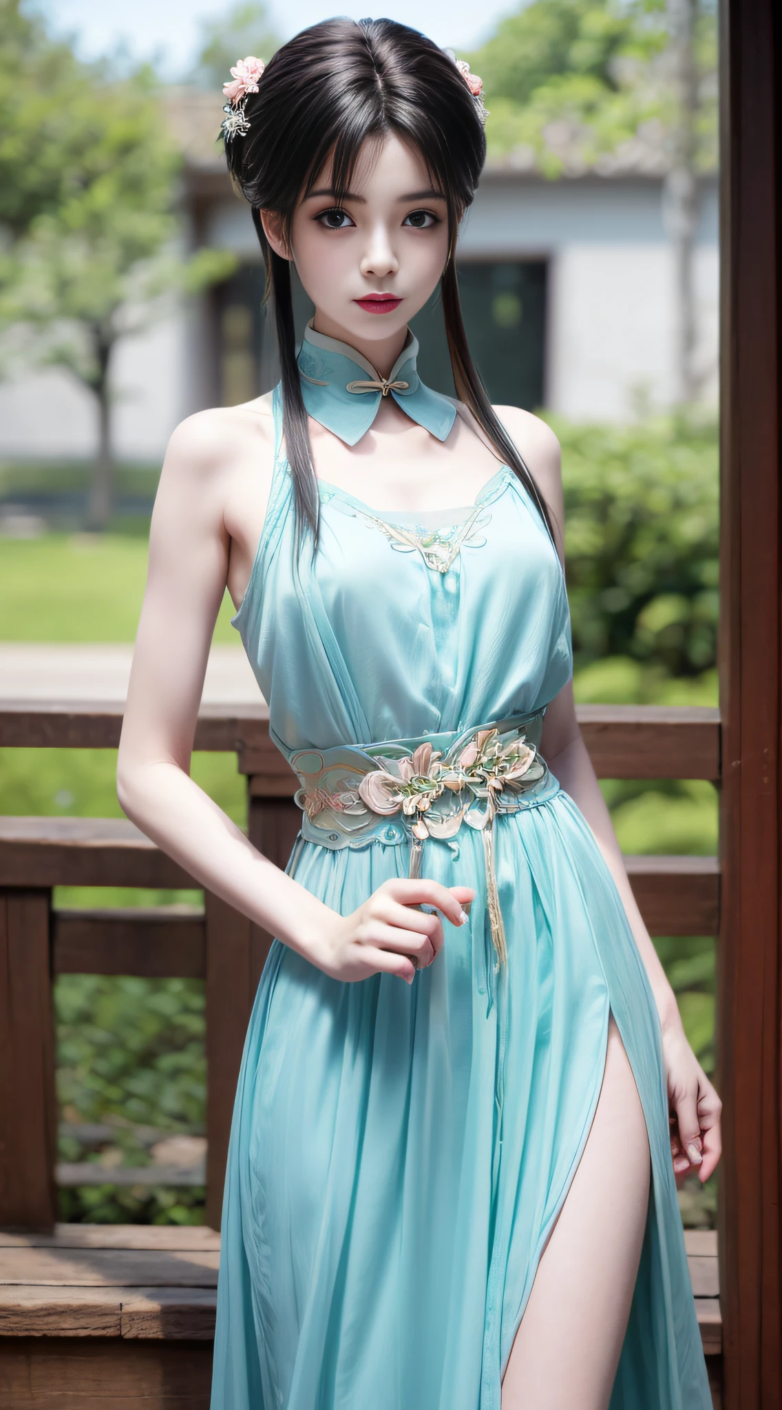 1 beautiful and cute reality show girl, Gentle young girl, Waist length hair, cabelos preto e longos，Slightly blue, Light blue eyes, wearing a long, Thin, a blue dress，Hanfu style, ((a blue dress，White lace border covers the girl's:0.8)), Style Hanfu, Wearing an ancient Chinese silk shirt, Pink and smooth white skin, Dressed in a low-key antique Oday, appears shoulders and head in the photo,Cute little face, Eye bags under wet makeup, Plump red lips, Pout, ((Closed mouth:1.0)), Balance incisors, Embarrassed, Small face makeup explained，Tremendously beautiful, Breasts are super round and firm, Breasts are plump，A plump chest， Blum chest cabinet, ((Cover the girl's chest with a camisole inside:1.2)), Blush, From the front side, Wear earrings, choker necklace, From above, view the viewer, Upturned eyes,  Masterpiece, Top quality, Best quality, offcial art, Unity 8k wallpaper, A high resolution, Ultra-high RES, Ultra-detailed, (Photorealistic:1.2), Alone, Solo, only 1girl, Style Hanfu Dunhuang, 10x pixel, Super realistic, Ultra high quality, Full body view of girl,  Seven-doppelganger shot,