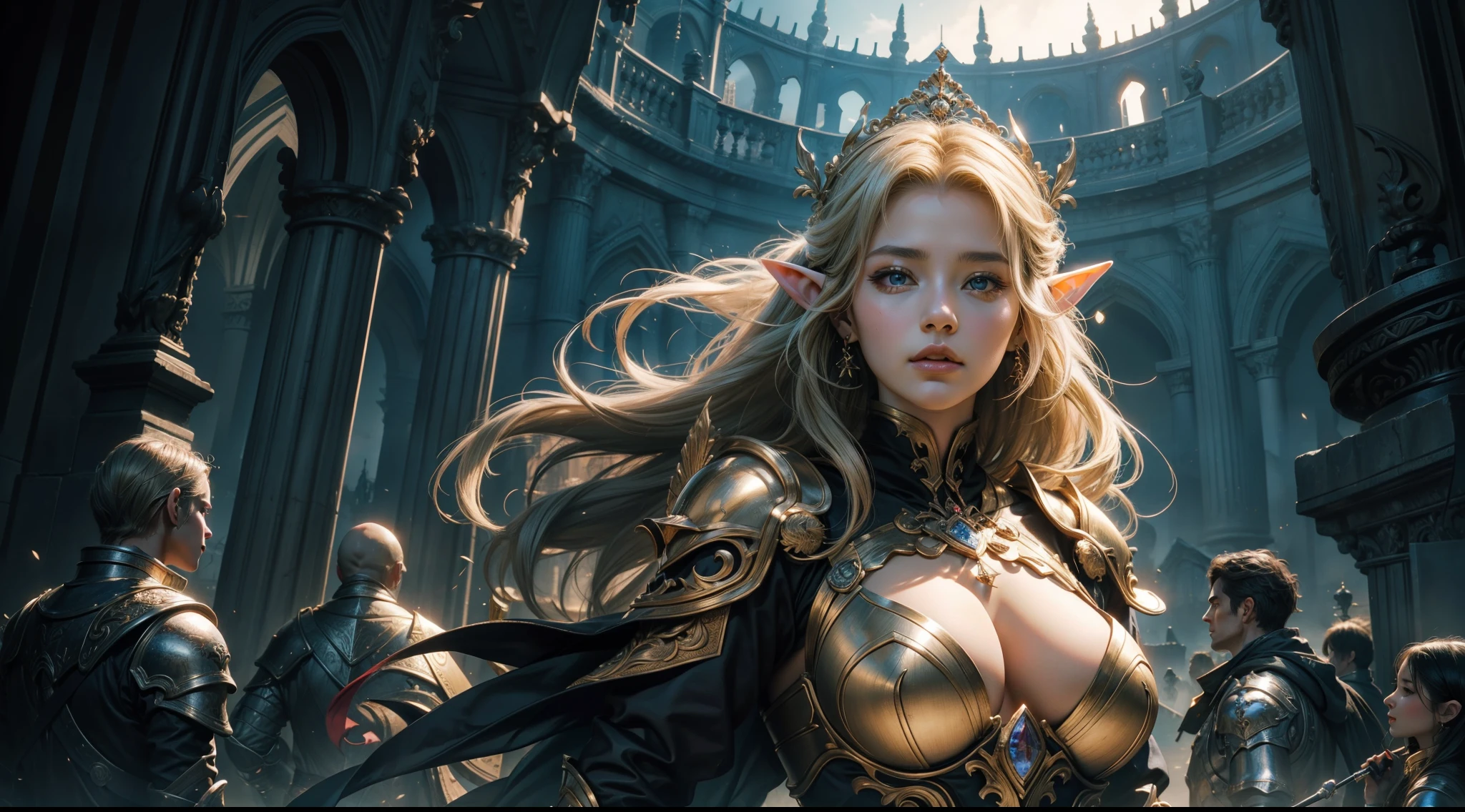 tmasterpiece,top-quality,best qualityer,offcial art,Beauty and aesthetics:1.2),(tmasterpiece:1.3), (8K, realisticlying, RAW photos, best qualtiy: 1.4), beauitful face, (photorealiscic face),超高分辨率, Ultra photo realsisim, highly detailed, the golden ratio, (Award-winning digital artwork:1.3) af (sketching:1.3),(with dynamism:1.3),(Saturation:1.3),(Close portrait:1.3),illusory engine, (High detail: 1.9),(femele:1.4),(big breasts beautiful: 1.4),(carismatic:1.3),Female elf,Large breasts,upperbody shots,dramatics,Armour,The background is the castle,