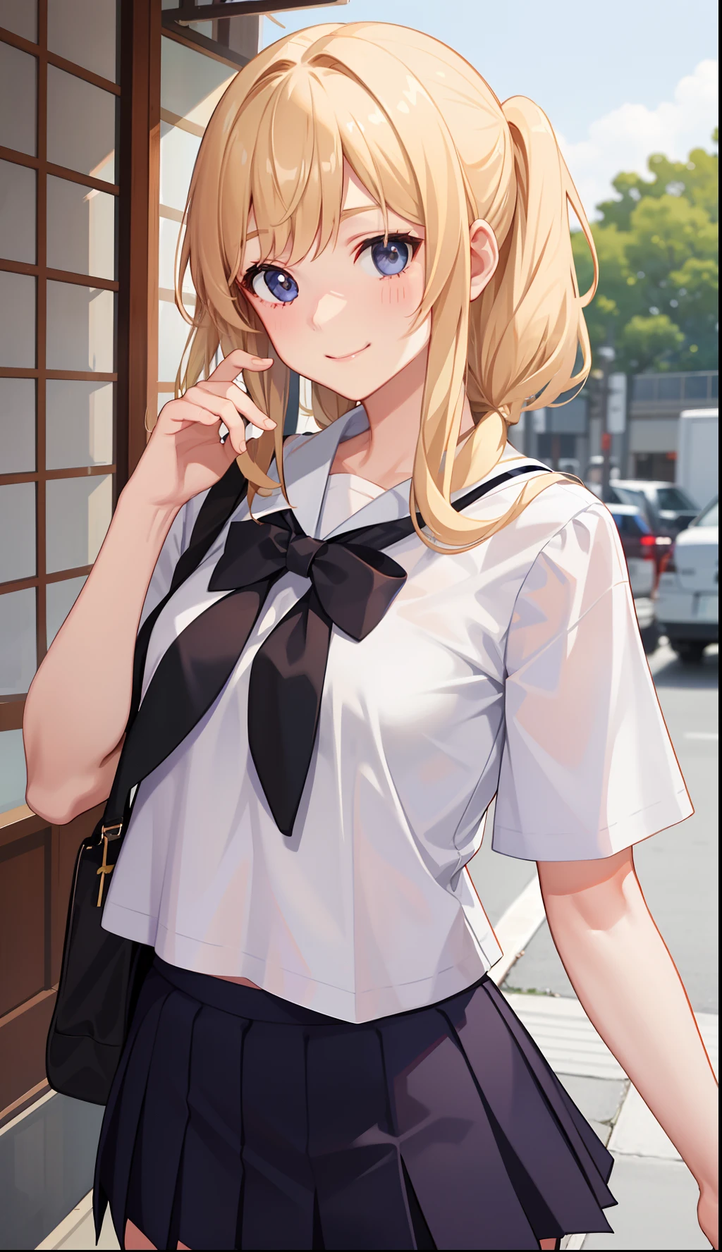 1girl in、A smile、The shirt、skirt by the、(small tits)Chilarism、Japan High School Student Uniform、serafuku、summer clothing、Run briskly、(Sheer Bra)、Upper body portrait、blonde hair、