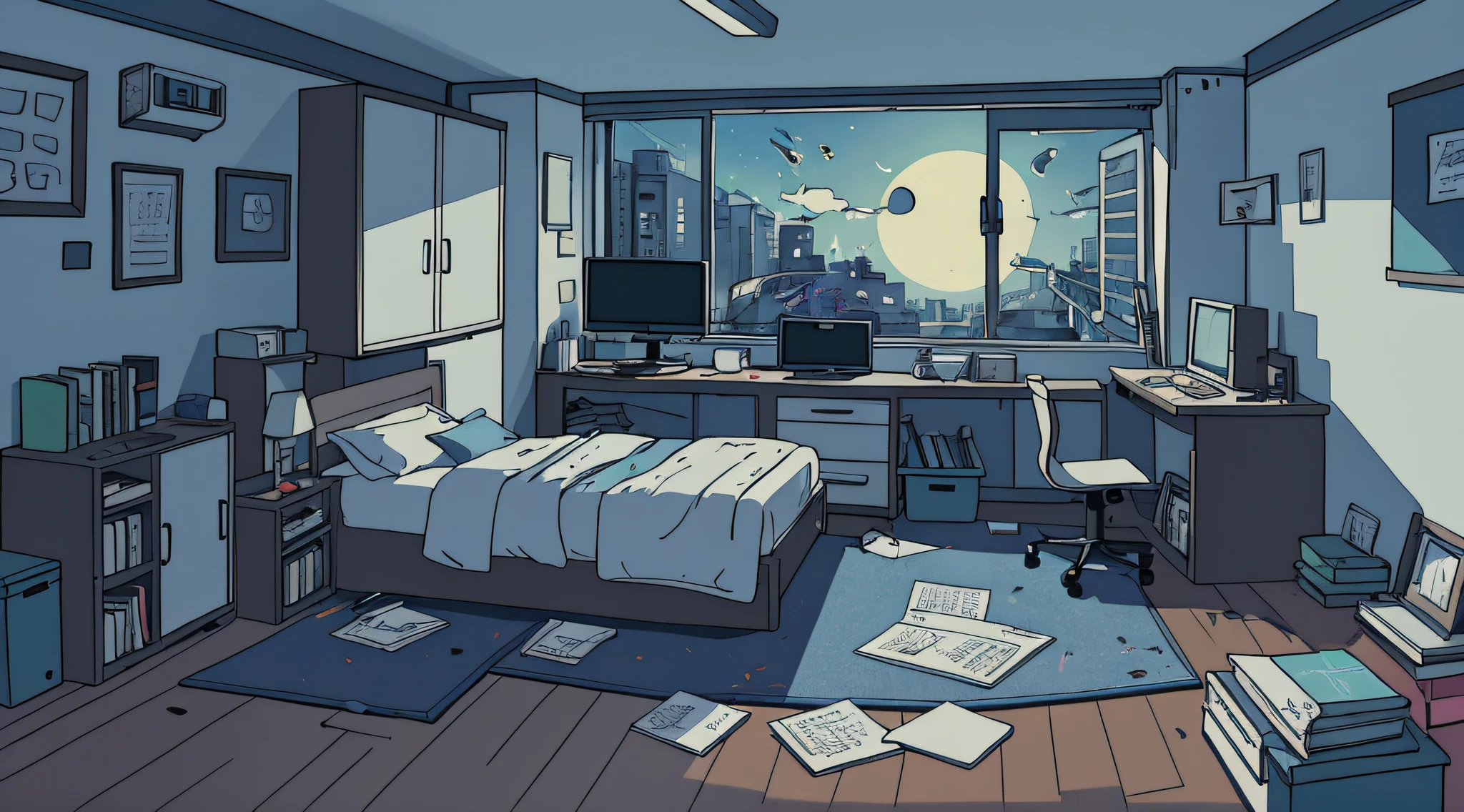 there is a room with a bed, mesa, e uma janela, quarto adolescente cyberpunk, fundo do quarto pessoal, noite calma. digital illustation, cena mal-humorada dos desenhos animados, Chaotic teen's room, arte de fundo do anime, Cyberpunk Room at Night, messy room, style of madhouse studio anime, Fundo do anime, messy bedroom, inside a messy room, arte de fundo interior, random background scene