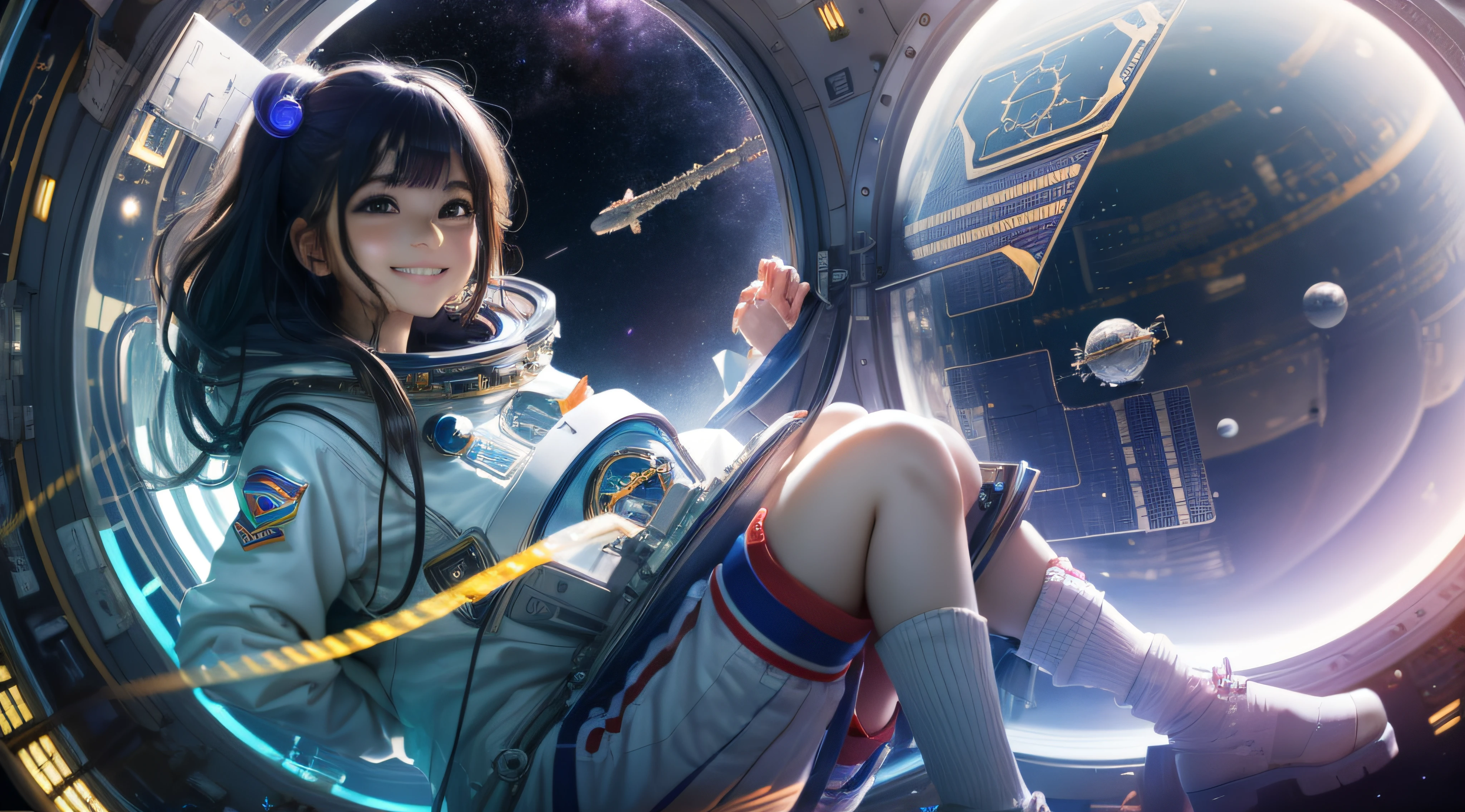 ((1girl,solo))absurdres, highres, ultra detailed, (1girl:1.3), (disheveled hair,beautiful detailed eyes,shiny oily skin:1.1),
smile or open mouse,
sitting in the cockpit of a spacecraft
many stars and numerous spacecraft moving around
giant stars, the sun, and the moon
spacecraft
astronaut
Robots and artificial intelligence devices
space helmet
comet
 tangle of wires