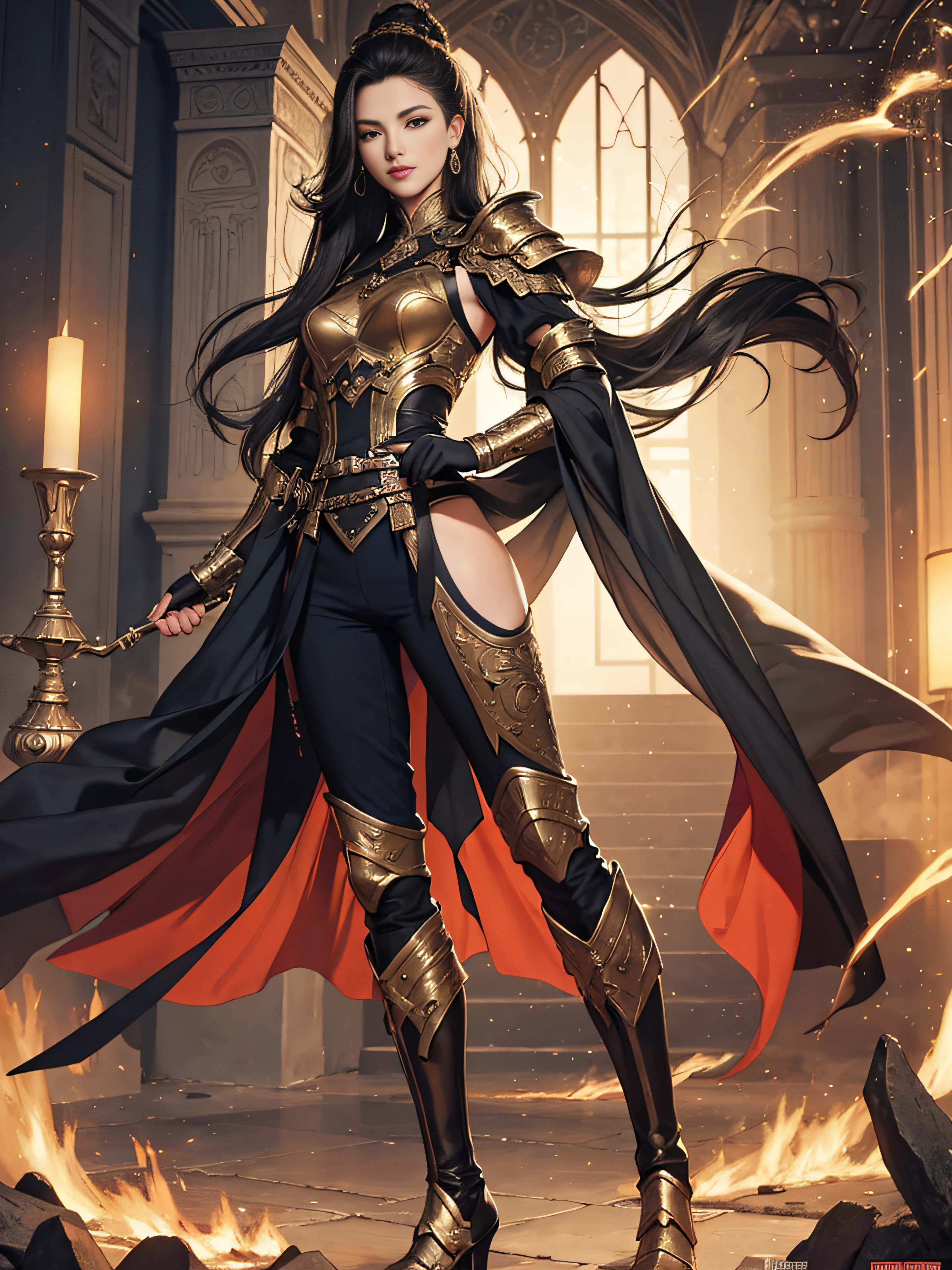 tmasterpiece,A high resolution,Absolutely beautiful,Oriental women,Eastern warriors,a mature female,Fine and detailed eyes and detailed face,Tall and tall,cruel grin,She wears armor,full coverage of armor,Armor pants,Armor boots,Show armor boots,The wardrobe is gorgeously decorated,Bright colors in general, allure:(Tall:1.4),haughty,Mature temperament,(Wide buttock:1.4),(Thick thighs:1.4),Majesty,Rich scene detail,In war,are standing,Action