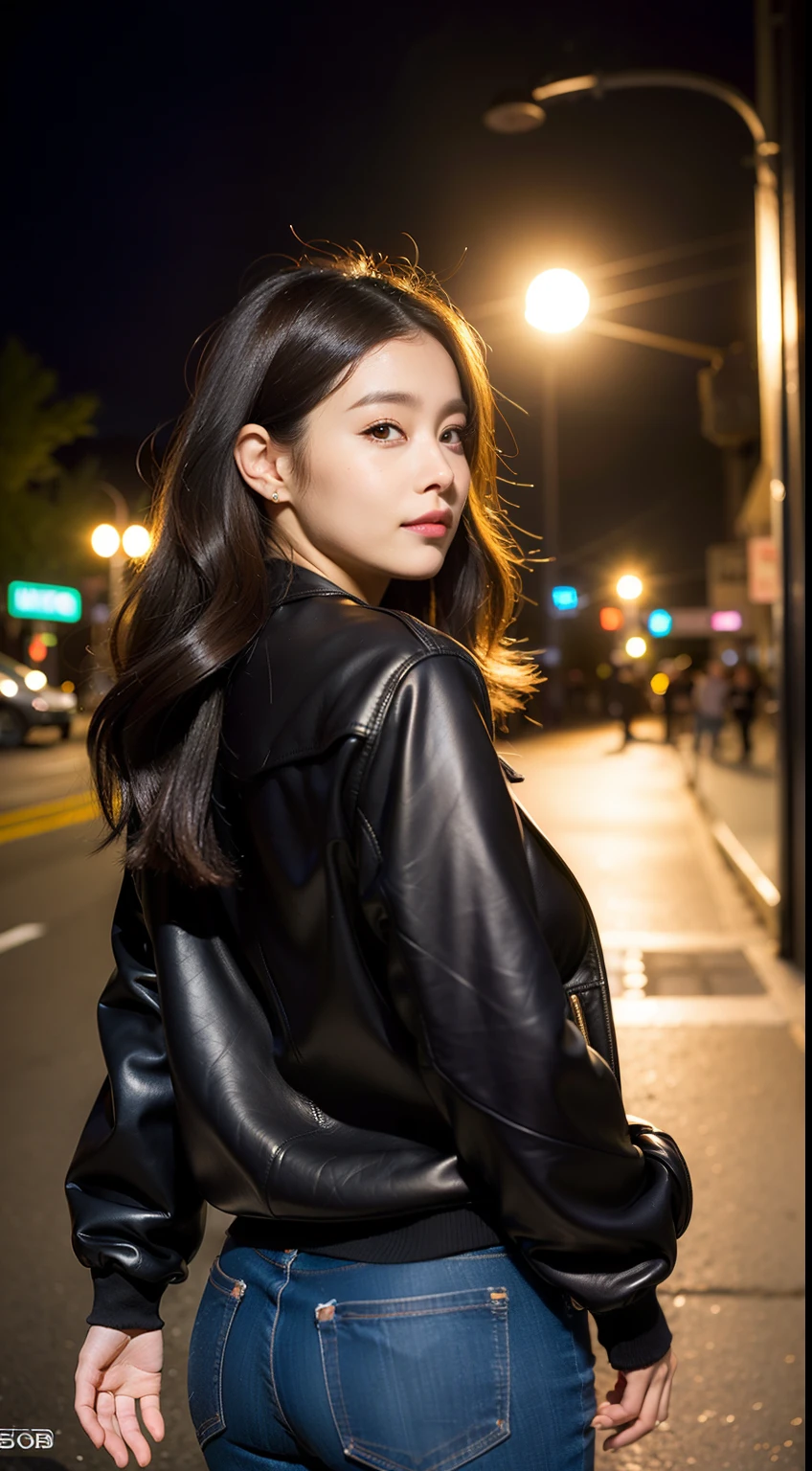 masterpiece, top-quality, 超A high resolution, (Photorealsitic:1.4), 32K,beautiful lighting,profetional lighting,Raw photography, 8K UHD, A detailed face, A detailed eye,Detailed eyes,Symmetrical eyes,Good balance between the left and right eyes,no-makeup:1.5,Baby Faced Girl,Cute little girl s,18year old,(((cabelos preto e longos,One-length,with round face,a baby face,Young Face, Narrow eyebrows,round upturned nose,Letter to))), ((Tight long dress that sticks to the body,deep v neck、Wear a leather jacket in layers)),(Sensual body lines:1.5,Colossal tits:1.5,Big buttocks:1.3,Thicker thighs,bbw:1.6,Thick body line),((sideboob barbosa:1.3)),Late night street corner,Night view of the city, longshot,Facing backwards、Looks Back,Big breasts:1.5,Rui Kiriyama,Saki Yanase,Meili