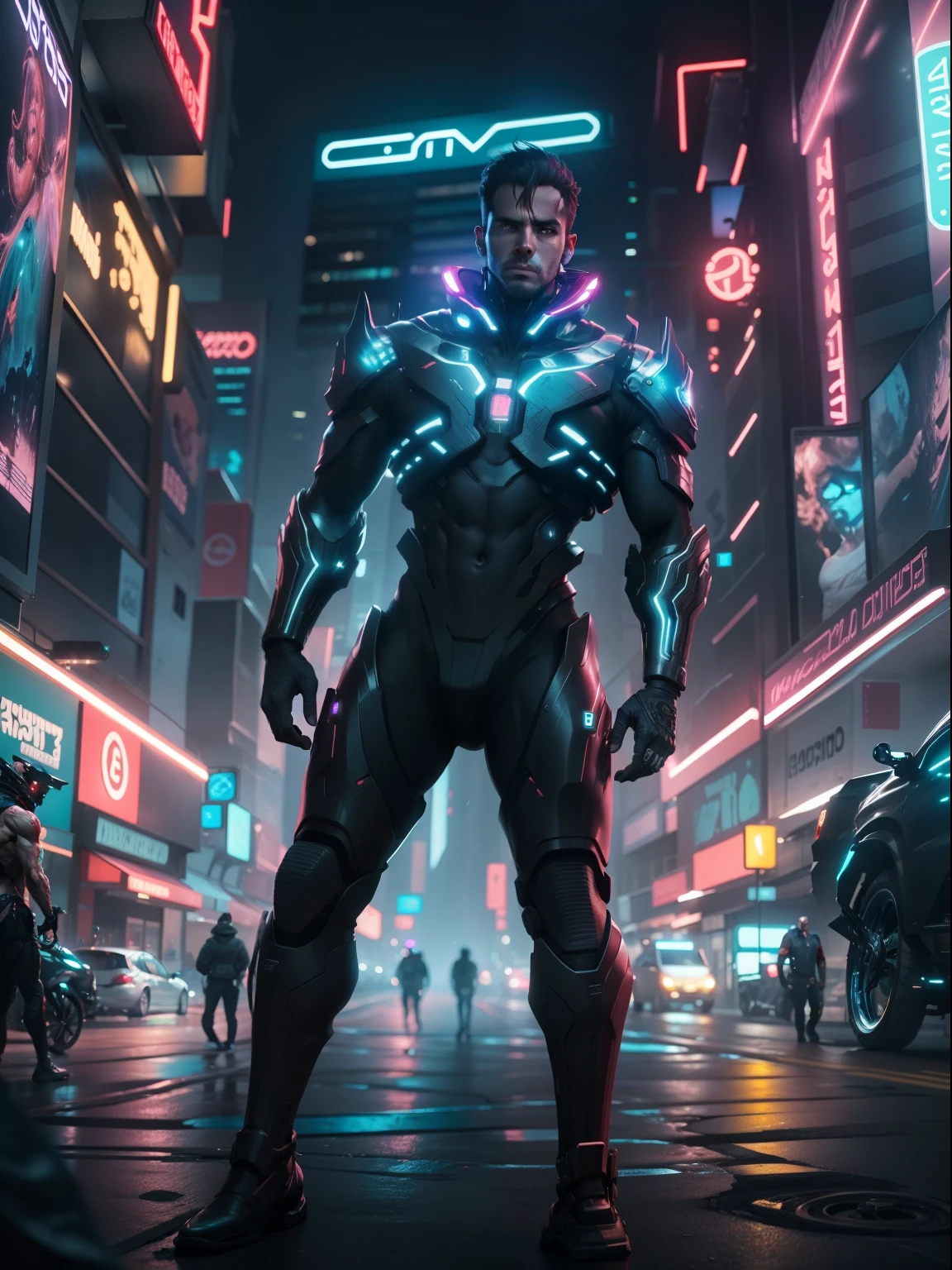 Um ciborgue masculino em corpo inteiro, with an intense look at the camera, em uma imagem de alta qualidade. Behind him, A futuristic city illuminated by neon lights.