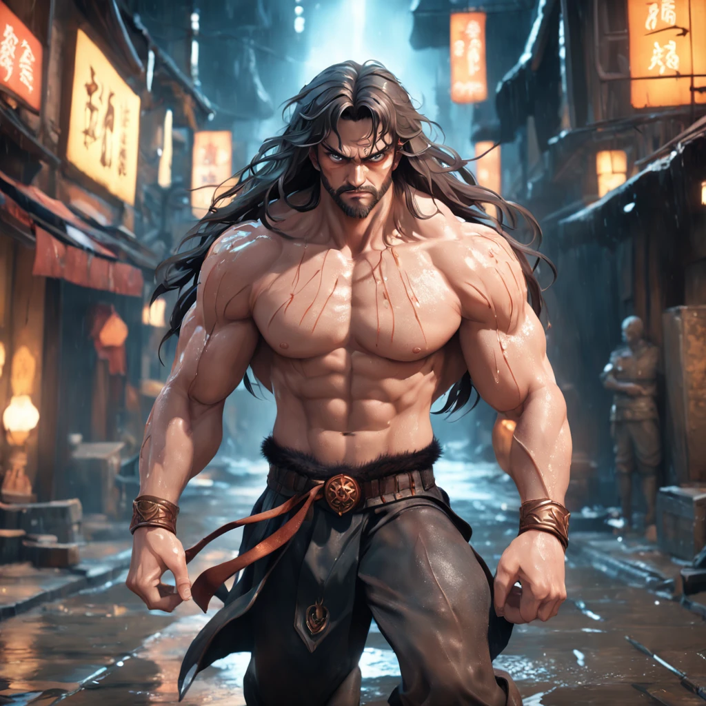 (professional 3d render:1.3) af (Realistic:1.3) most beautiful artwork photo in the world，Features soft and shiny male heroes, ((Epic hero fantasy muscle man rough wet hero angry look long hair short beard and ferocious expression in dynamic pose, Fantastic location, Majestic cluttered environment)), full body 8k unity render, action  shot, skin pore, very dark lighting, heavyshading, Detailed, Detailed face, (vibrant, photograph realistic, Realistic, Dramatic, Dark, Sharp focus, 8K), (Old leather garments damaged by weathering:1.4), ((((Wear fur)))), (Intricate:1.4), decadent, (Highly detailed:1.4), Digital painting, rendering by octane, art  stations, concept-art, smooth, Sharp focus, illustration, Art germ, (loish:0.23), wlop ilya kuvshinov, and greg rutkowski and alphonse mucha gracias, (Global illumination, Studio light, volumettic light), heavy rain, particles floating, lotr, fantasy, elf, full bodyesbian, ((Dark and ancient city background:1.3)),CGSesociety,art  stations