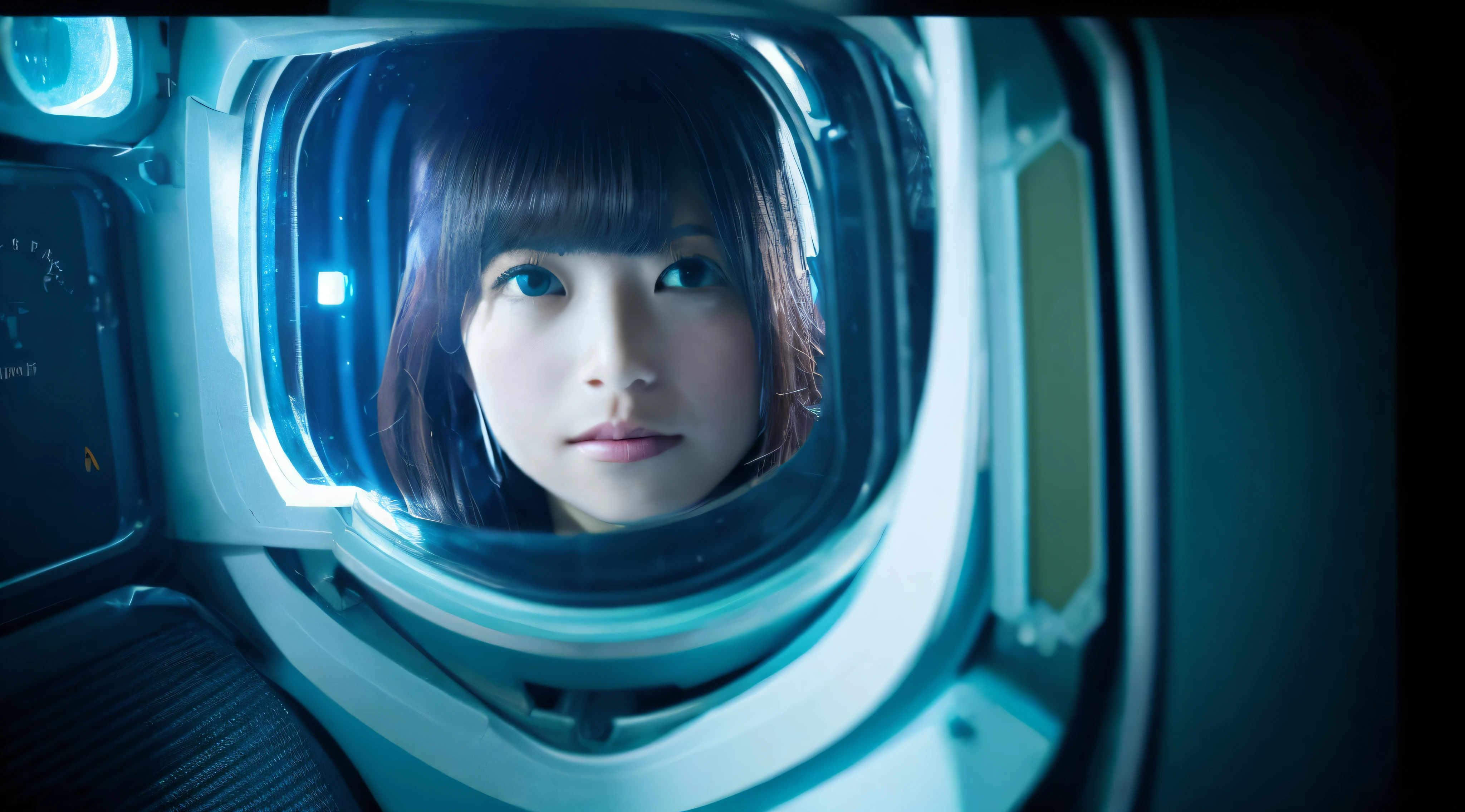 (((Super Detail))), Best Quality,A space station、Neptune seen from a large window、One Japan Woman、The body floats in zero gravity、A dark-haired、longeyelashes, Solid Circle Eyes, lightsmile, surrealism, drop shadow, anaglyph, The best full-body images in 8K。