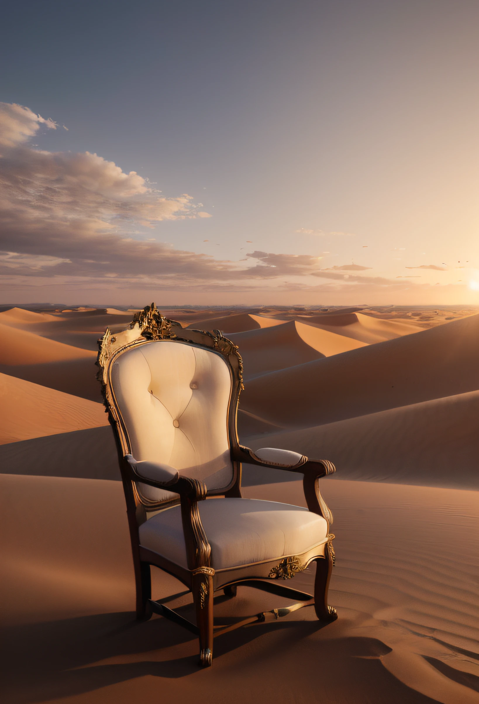 Creates a 3D image: a Louis XV style cactus. Wooden throne. In the center, from a desert with dunes it emerges dramatically from a dune in which it is dissolving. Sunset with a spectacular sky The chair occupies a large part of the composition, blending artistically with the sand dune. Soft lighting brings out the details. The scene evokes a sense of introspection. 8K high quality
