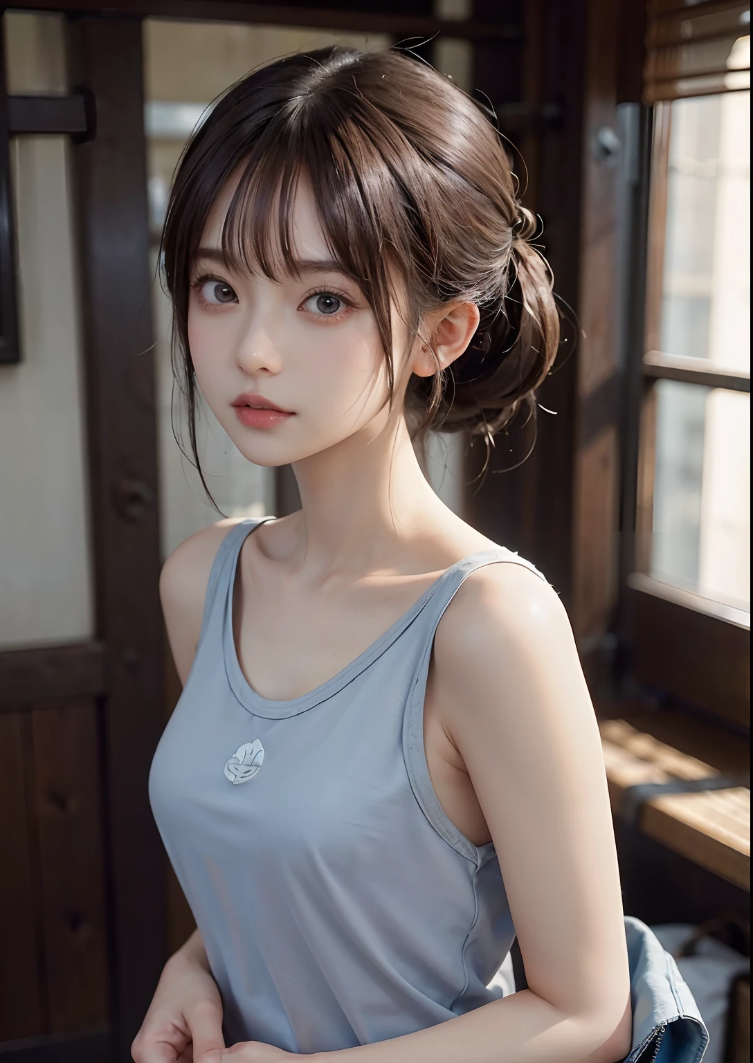 masterpiece, 1 beautiful girls, Eye details, Swollen eyes, Top image quality, 超A high resolution, (Realistis: 1.4), OriginalPhotographs, 1girl in, Cinematographic lighting, japanes, Asian Beauty, Korean, very beautif, Beautiful skins, Thin, Front-facing body, (A hyper-realistic), (hight resolution), (8 K), (ighly detailed), (The best illustrations), (beautifully detailed eyes), (ultra-detailliert), A detailed face, see the beholder, Facing straight ahead, Neat Clothing, Shoulder Strap Tank Top、shorth hair、Brown hair、46-point diagonal bangs、cyberpunk backgrouns、Neat and clean、