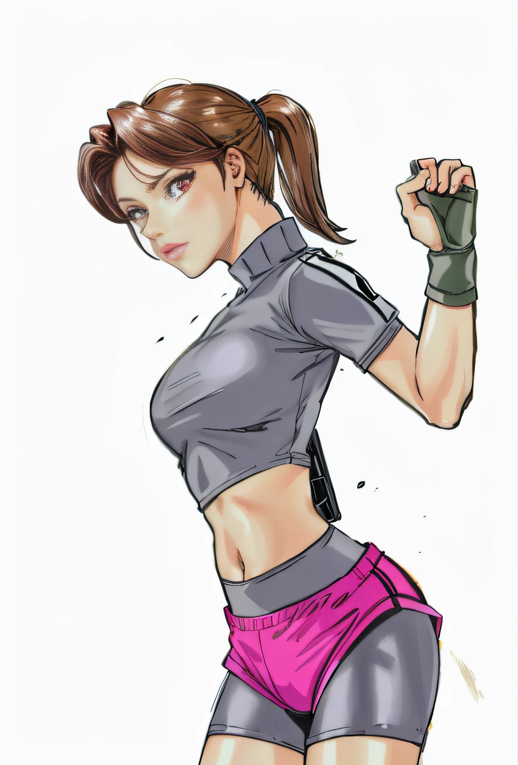 masterpiece, best quality,detailed eyes,((claire redfield)), high ponytail, breasts, (pink Booty shorts), (black leotard) , (black Short leggings pants),bare the midriff, crop top