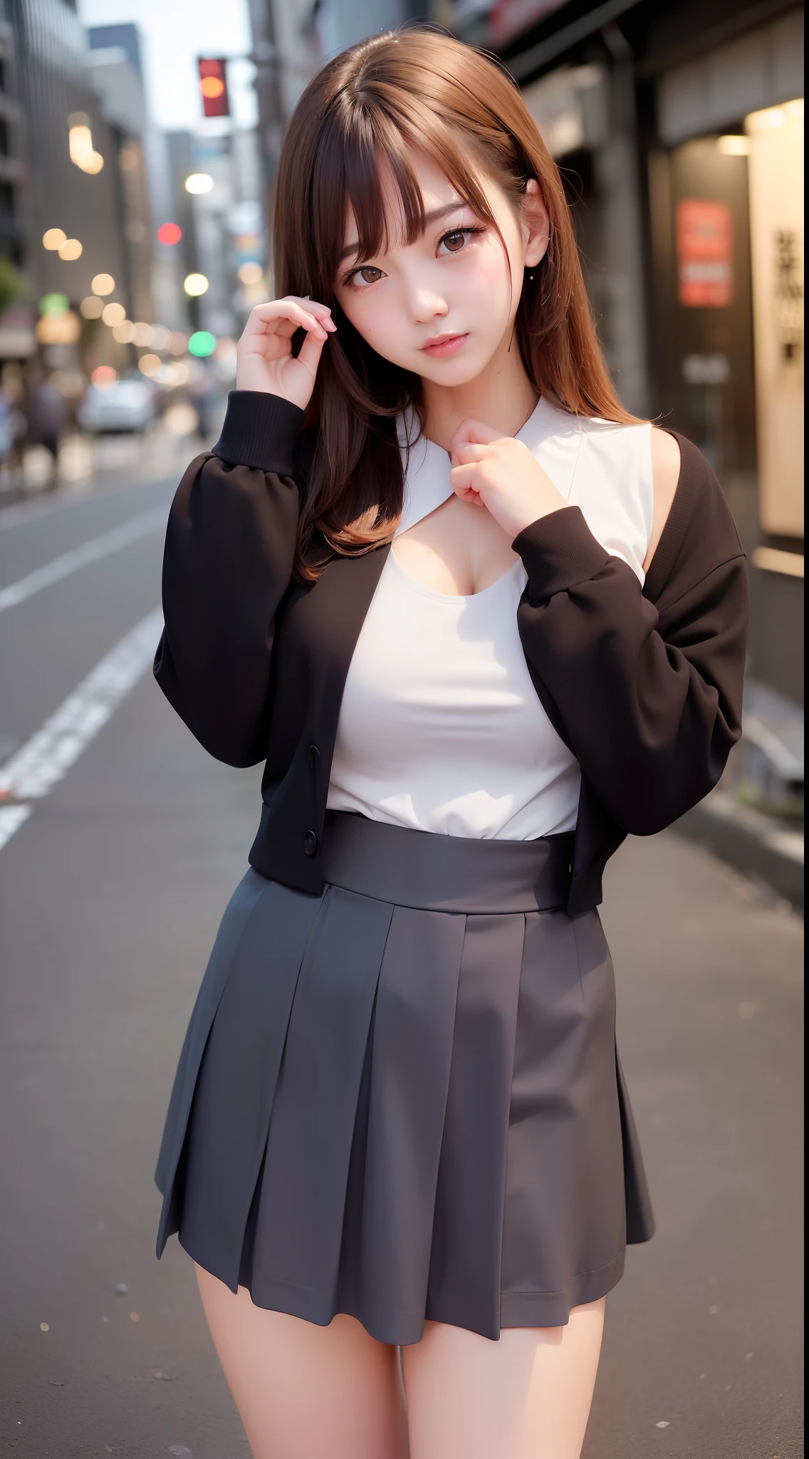 22year old、 (Japan idol), ((Dynamic Pose)), sexypose、pale skin, (((Natural breasts, Big breasts))), (aegyo sal:1.1), (Narrow waist), ((bobhair)), brown haired, ((Puffy eyes)), Looking at the camera, Smiling, Sexy, Bangs, veranda, public, (Bokeh), Ultra-detailed, Best Quality, 超A high resolution, (NSFW:1.05),No panties、(Black pantyhose)、Downtown at night、Right in the middle of the path、Back alley、(((Open clothes to show off your breasts)))、Put out the 、 show through、red blush、hard breathing、perspiring、wetted skin、Wet clothes、((Boldly pull up the skirt:1.3))、(((No pubic hair:1.2)))、Standing in the middle of the road、Blue pleated skirt、Inner Stock、fully body photo、a sailor suit、Japan School Uniforms、natural