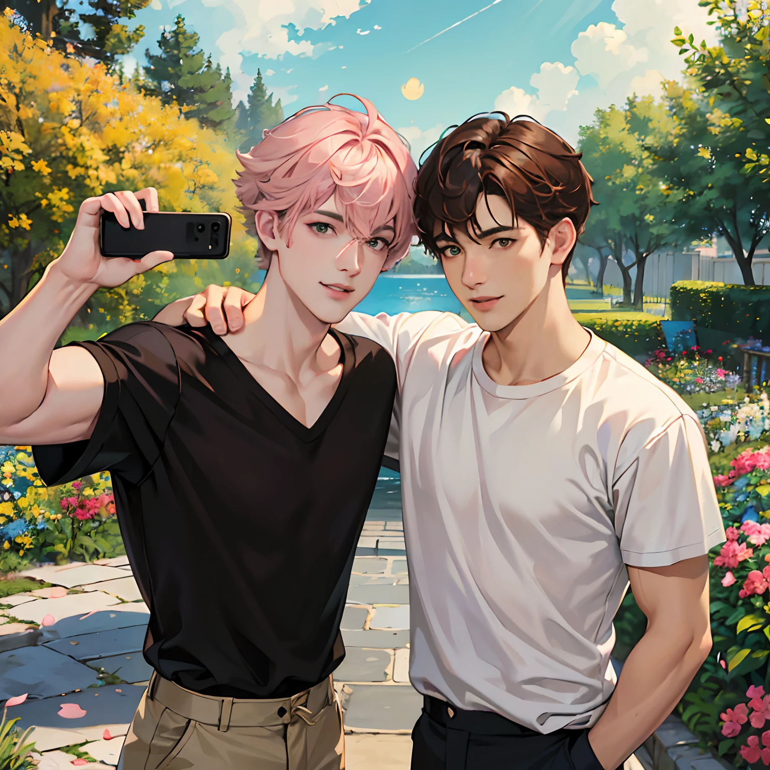 (absurdres, highres, ultra detailed, HDR), masterpiece, best quality, anime boy with brown hair ((Tall boy)), 1st boy brown hair, Anime boy with light pink hair, 2nd Boy pink hair, green eyes, 2 boys, smile, sunshine, garden, handsome, short hair, villa, looking at viewer, detailed face, ( black shirt ),(Yellow Shirt) cool boys, cold male, 8K, Best Quality, Masterpiece, Ultra High Resolution, (Realism: 1.4), Original Photo, (Realistic Skin Texture: 1.3), (Film Grain: 1.3), (Selfie Angle), best friend,Friendship, slim masculine.