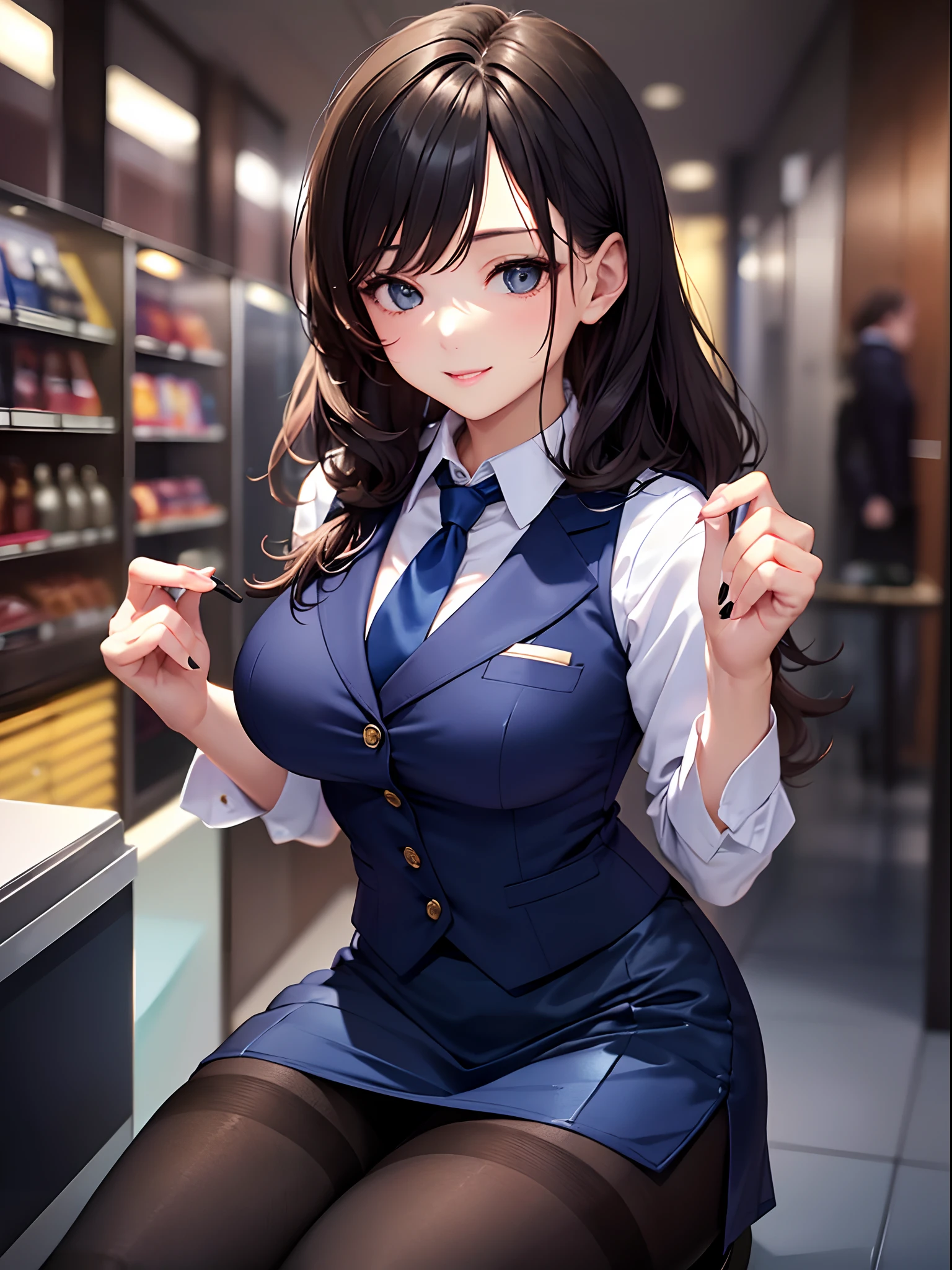 (top-quality: 1.3), (masterpiece: 1.3), (The ultra-detailliert: 1.3), (wall-paper, one girls: 1.1)、(Detailed hands and fingers:1.2)、(Detailed ultra-oily shiny skin:1.1)、oily shiny thighhigh、receptionist、White shirt with collar and buttons、(Beautiful dark blue suit vest:1.4)、(Dark blue tight skirt:1.4)、(Black pantyhose:1.3)、Brown hair、ssmile、(Beautiful Large Breasts:1.3)、straight haired、Beautiful sister、sexypose、department store、Service Counter